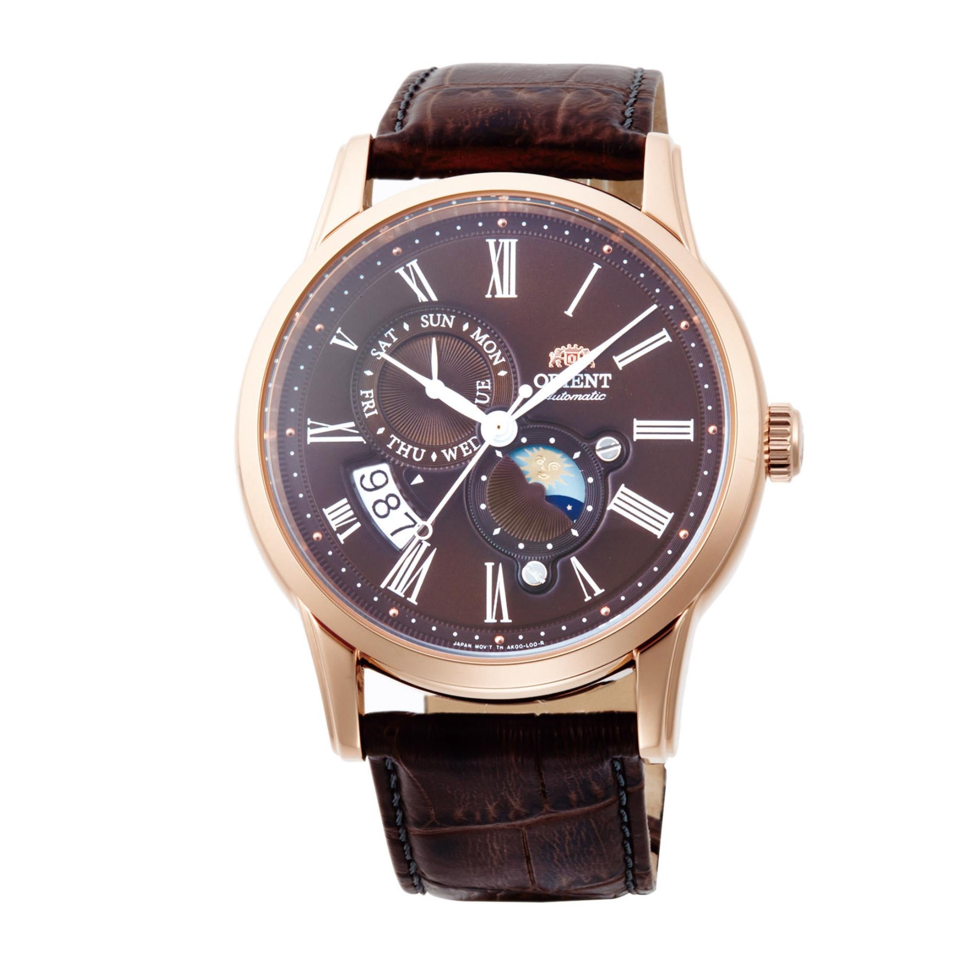Orient Bambino Sun & Moon Mechanical Brown Dial Brown Leather Strap Men’s Watch RA-AK0009T10B
