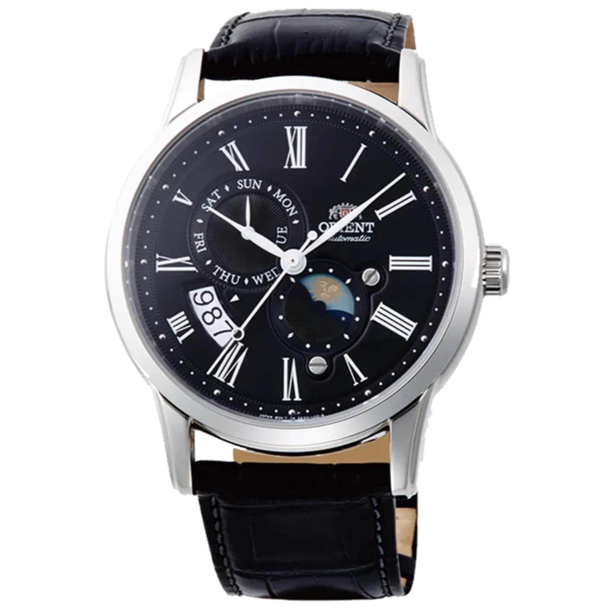 Orient Bambino Sun & Moon Mechanical Black Dial Black Leather Strap Men's Watch RA-AK0010B10B