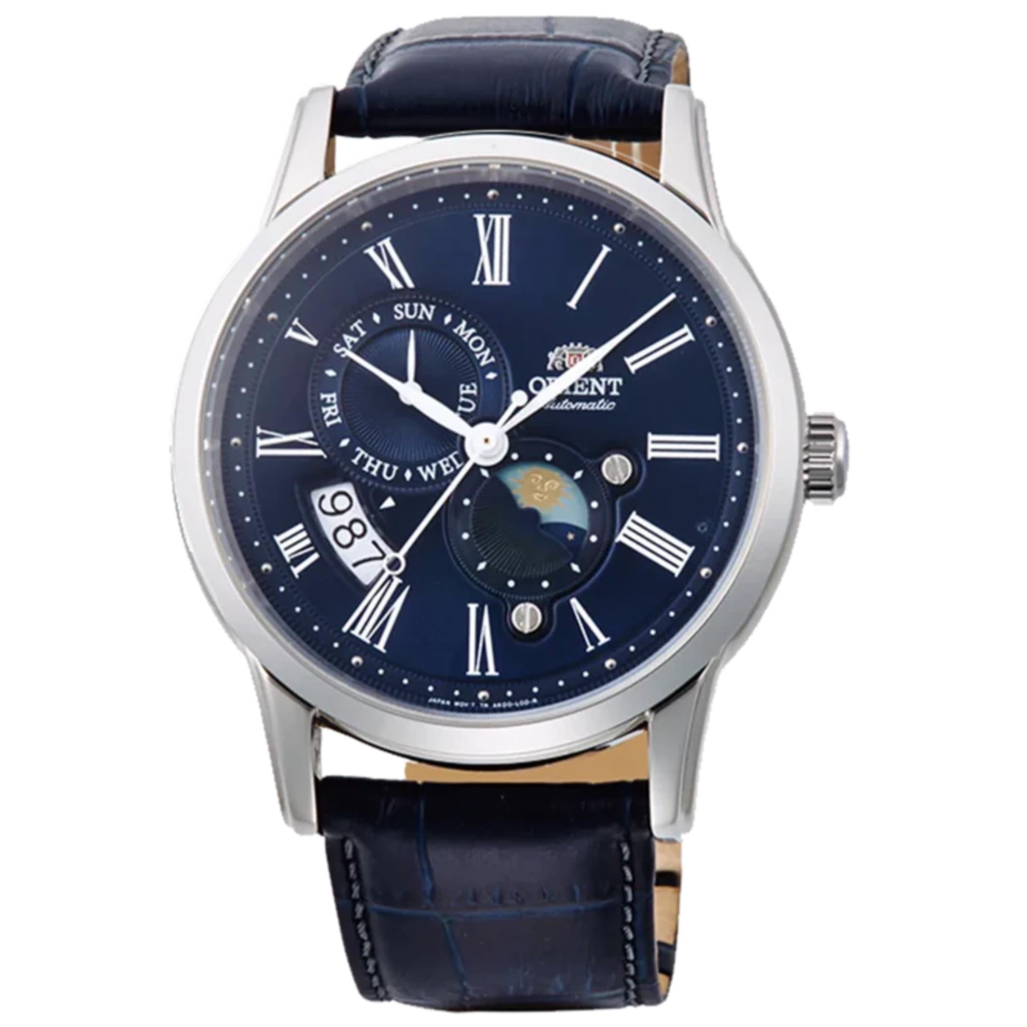 Orient Bambino Sun & Moon Mechanical Blue Dial Blue Leather Strap Men's Watch RA-AK0011D10B