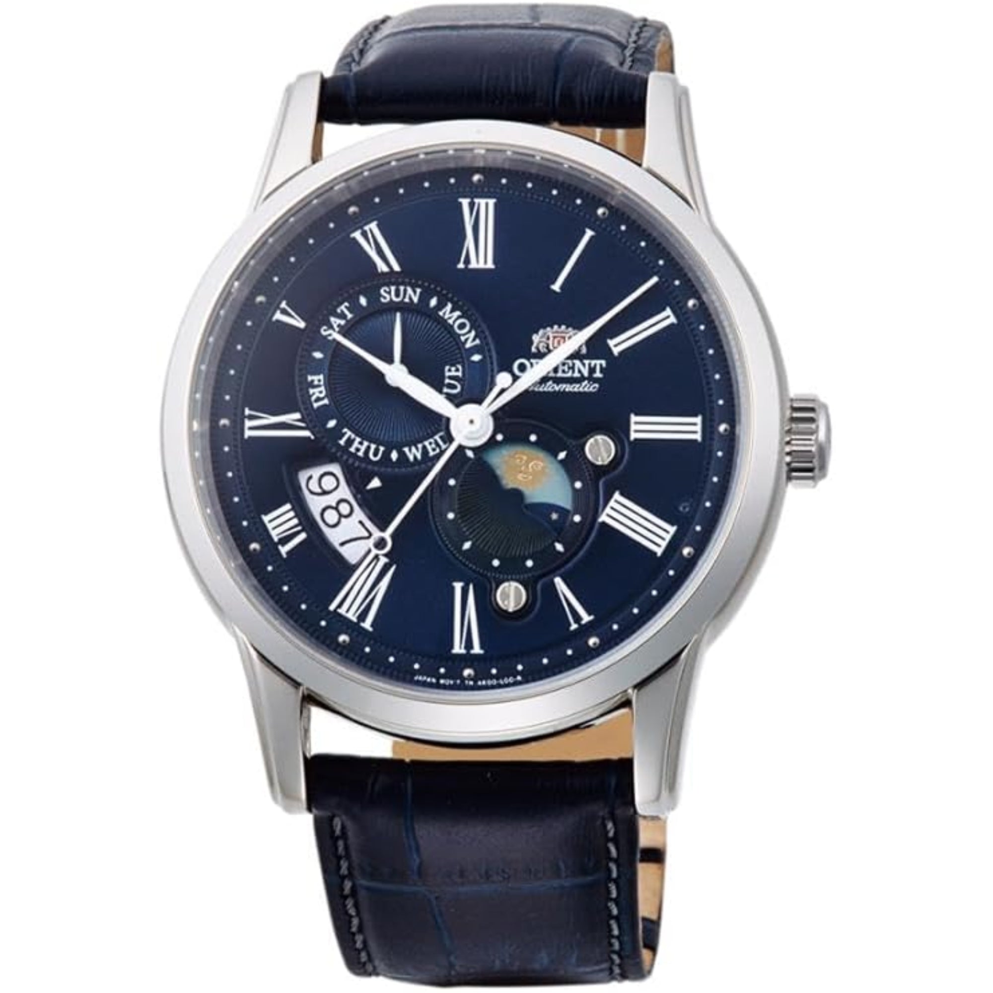 Orient Bambino Sun & Moon Mechanical Blue Dial Blue Leather Strap Men's Watch RA-AK0011D10B
