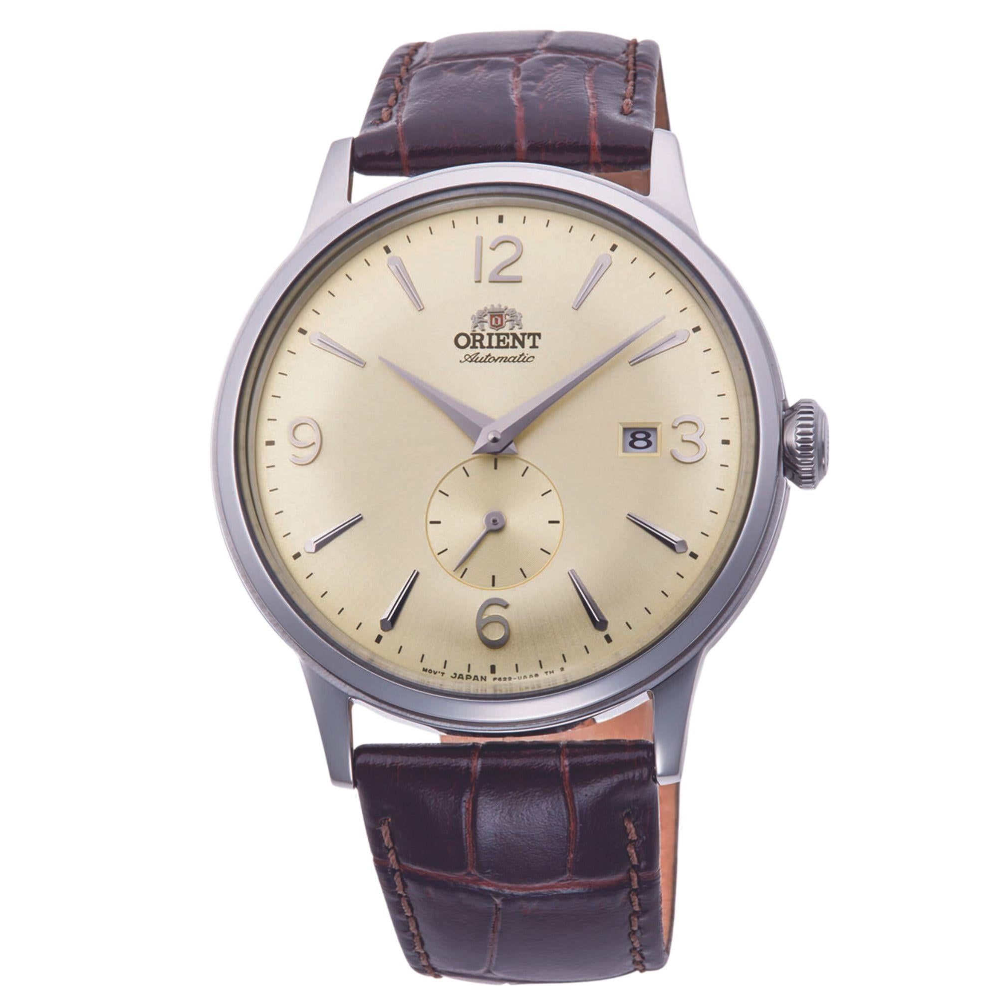 Orient Bambino Small Seconds Mechanical Champagne Dial Brown Leather Strap Men’s Watch RA-AP0003S10B