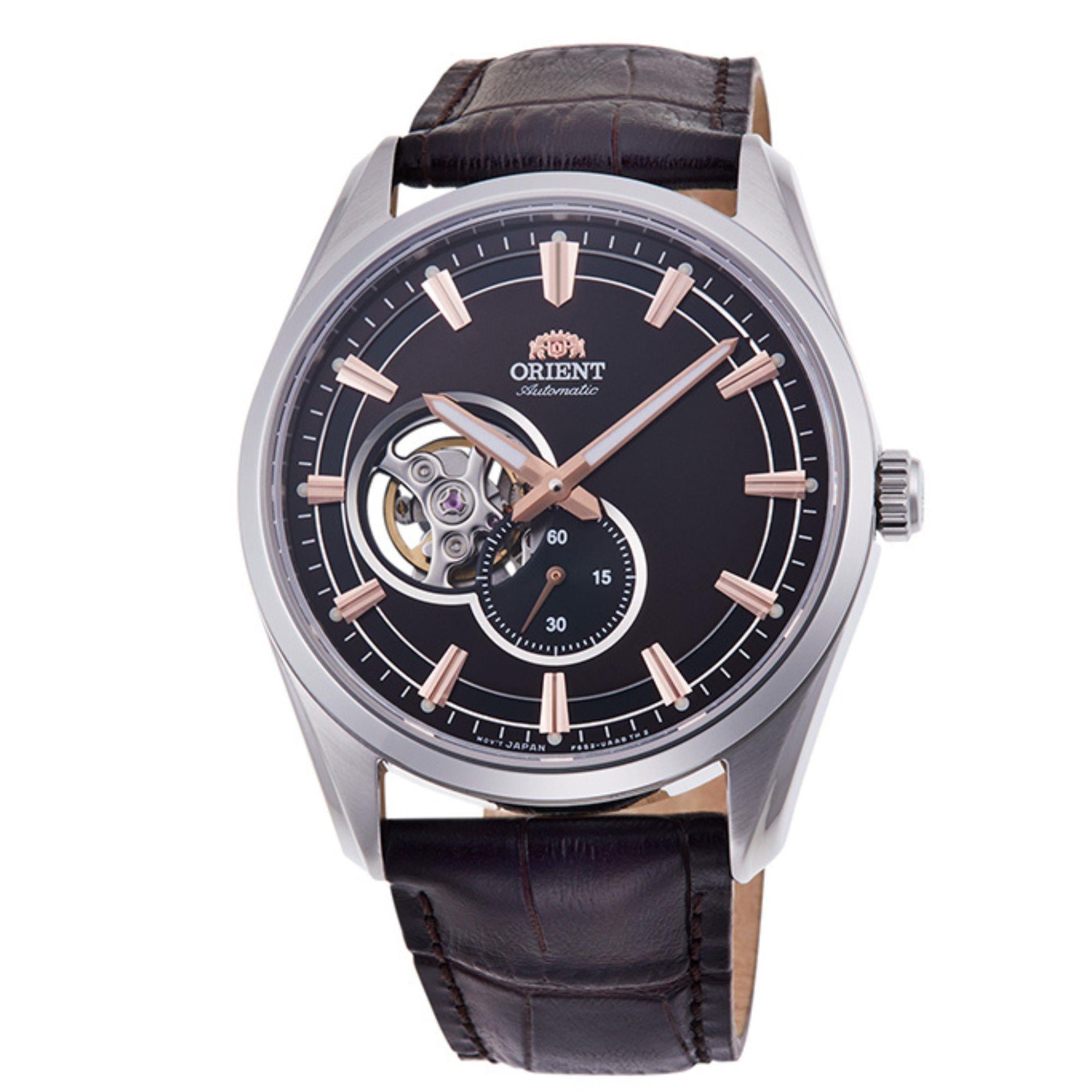 Orient Semi Skeleton Open Heart Mechanical Black Dial Black Leather Strap Men’s Watch RA-AR0005Y10B