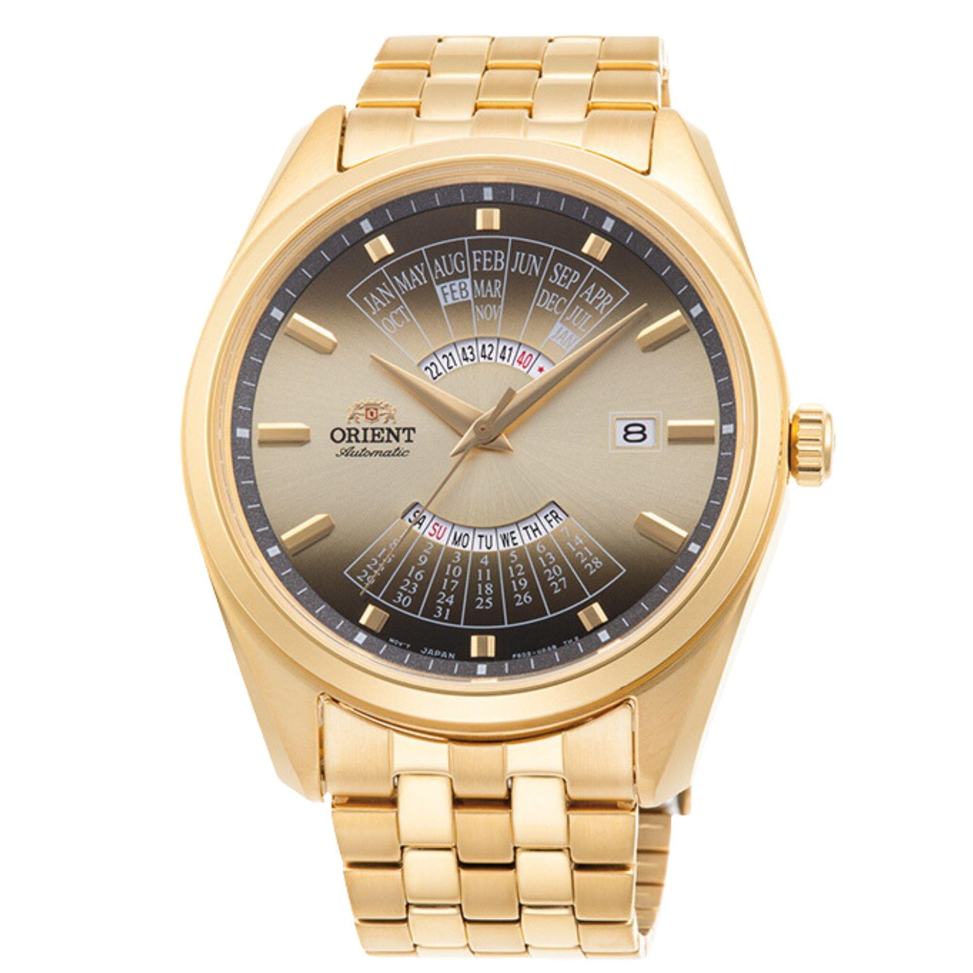 Orient Multi-Year Calendar Mechanical Gold Dial PVD Plated Stainless Steel Bracelet Men’s Watch RA-BA0001G10B