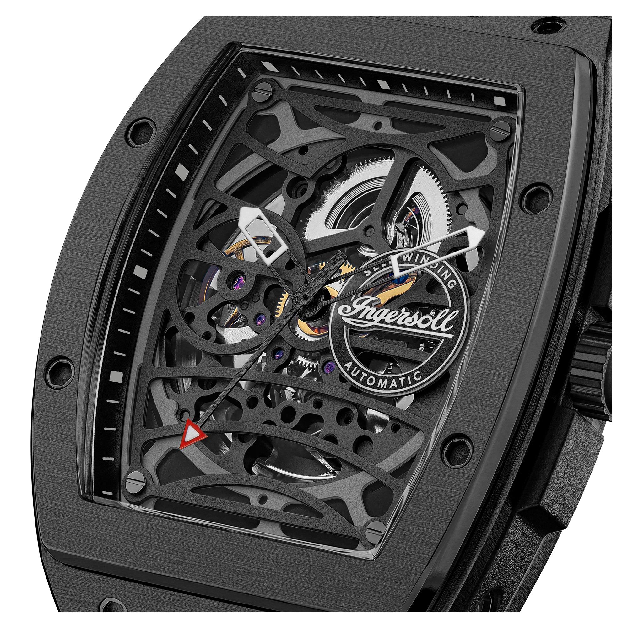 Ingersoll The Challenger Automatic Black Skeleton Dial Black Plastic Strap Men's Watch I12307