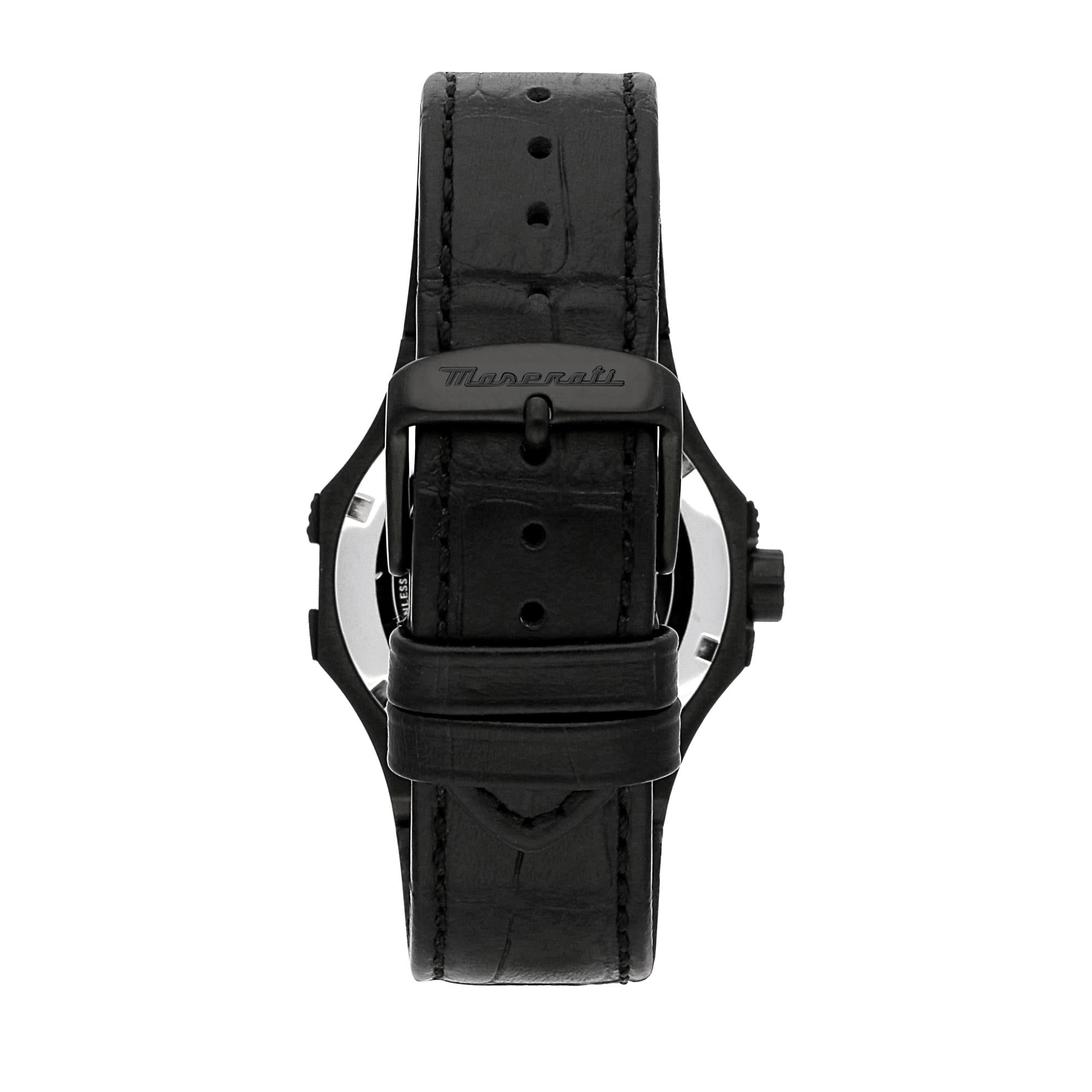 Maserati Potenza Quartz Skeleton Dial Black Leather Strap Men's Watch R8821108036
