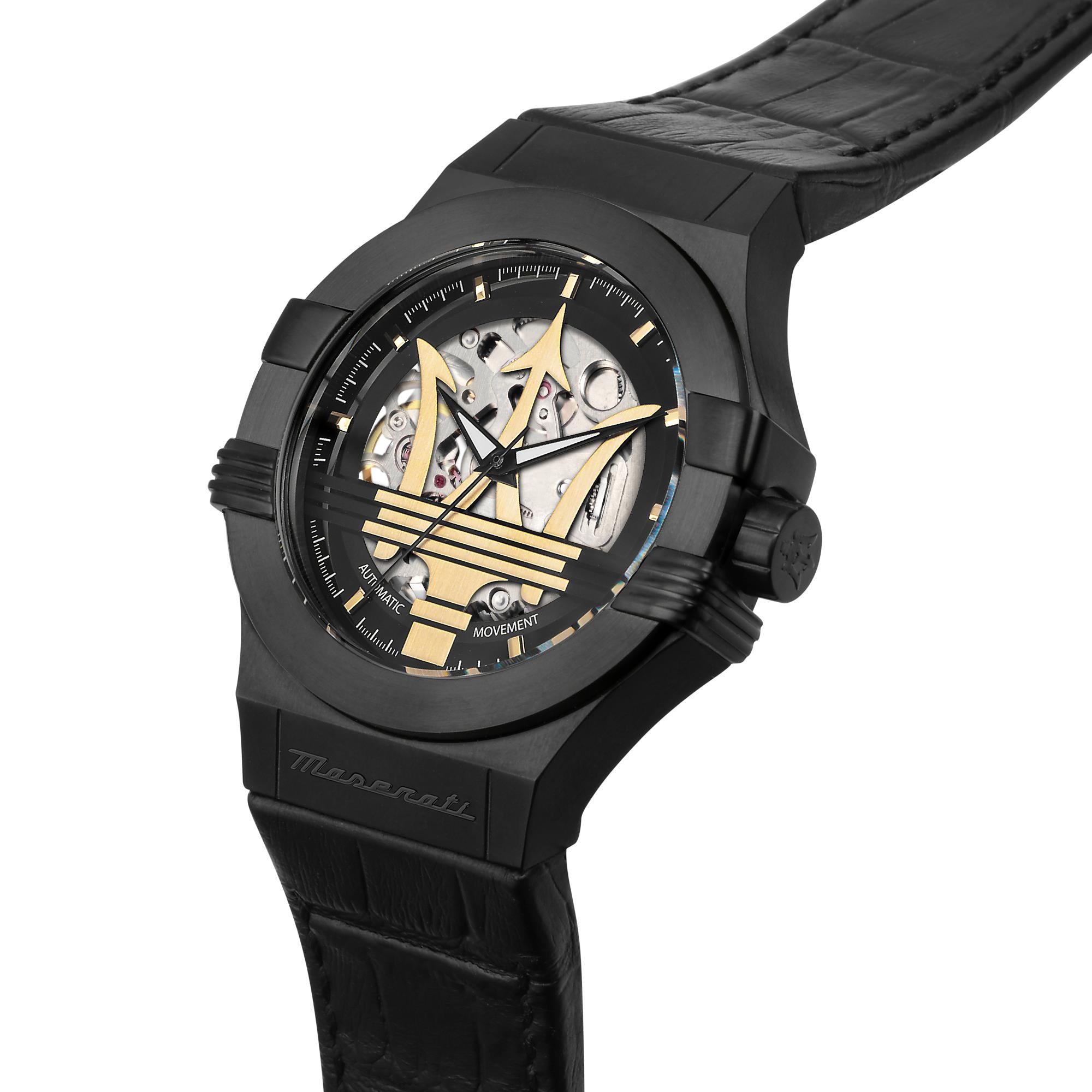 Maserati Potenza Quartz Skeleton Dial Black Leather Strap Men's Watch R8821108036