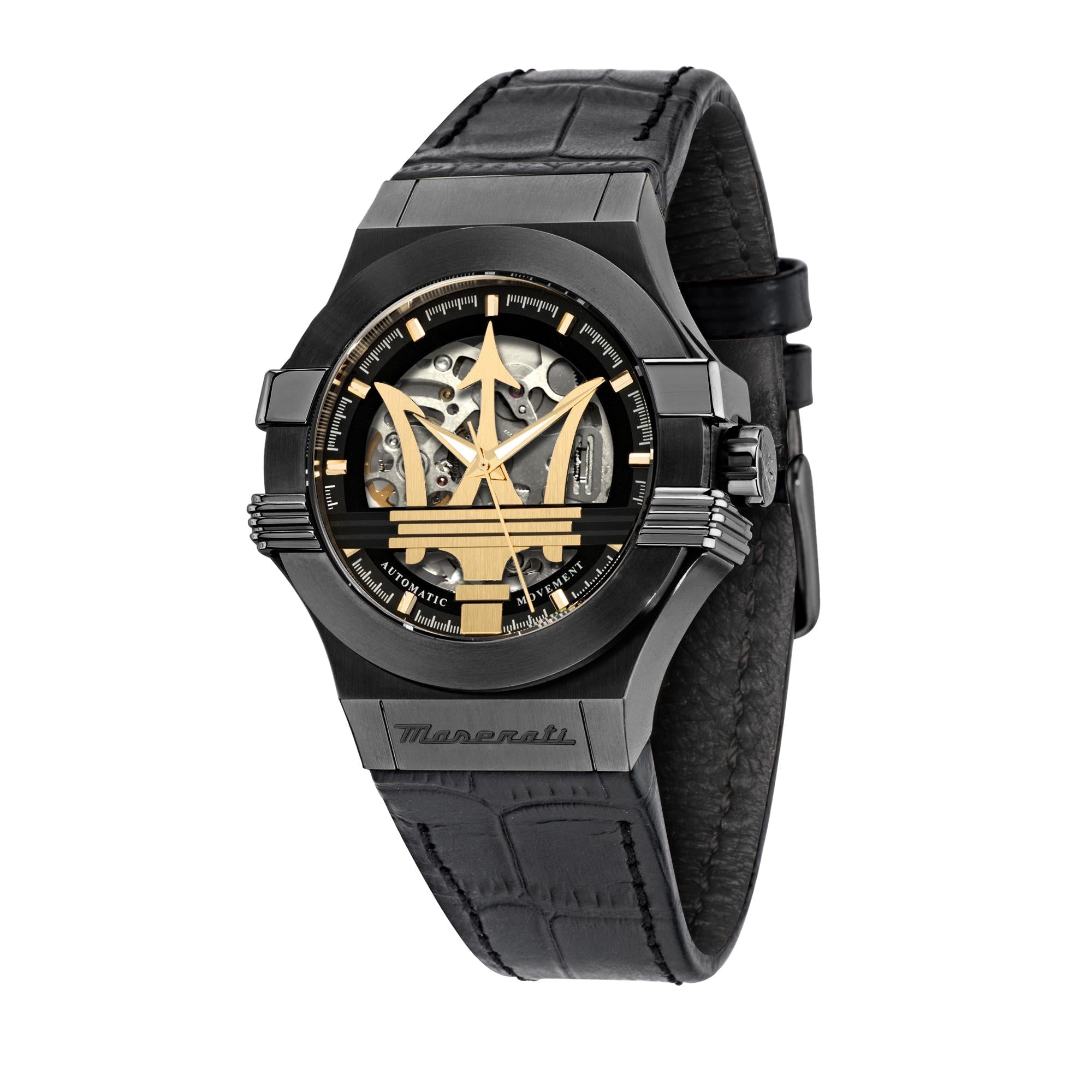 Maserati Potenza Quartz Skeleton Dial Black Leather Strap Men's Watch R8821108036