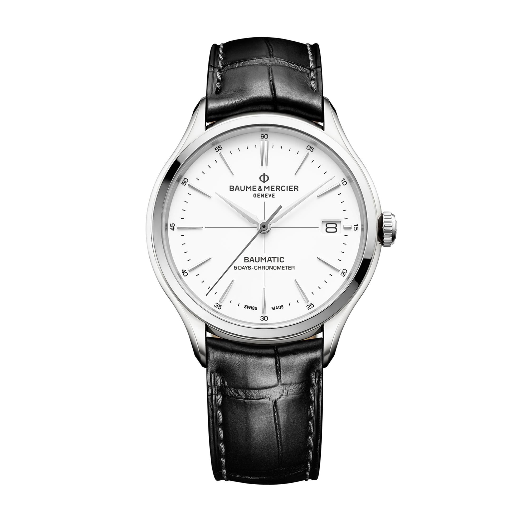 Baume & Mercier Clifton Baumatic Automatic White Dial Black Leather Strap Men's Watch BM0A10518