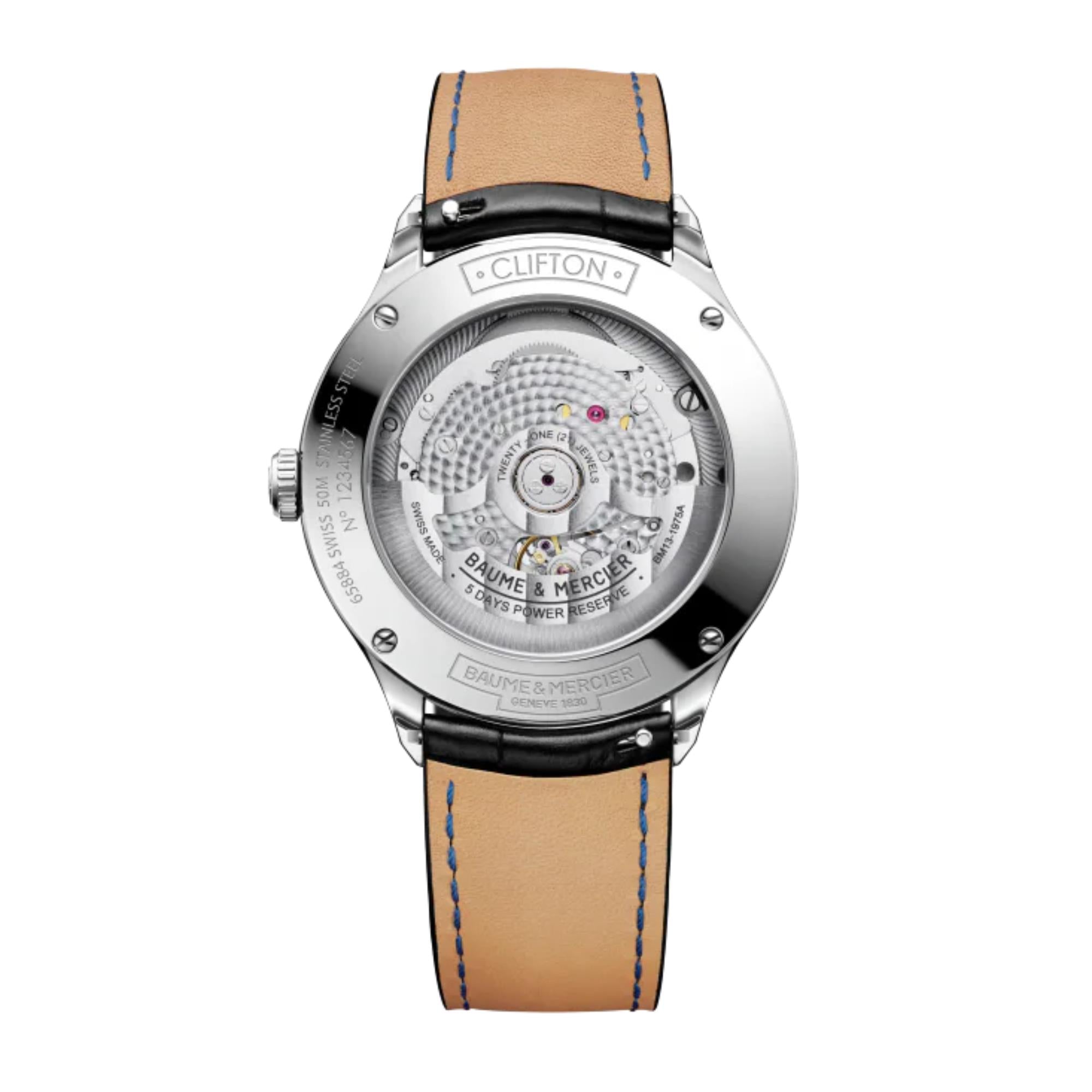 Baume & Mercier Clifton Baumatic Automatic White Dial Black Leather Strap Men's Watch BM0A10518