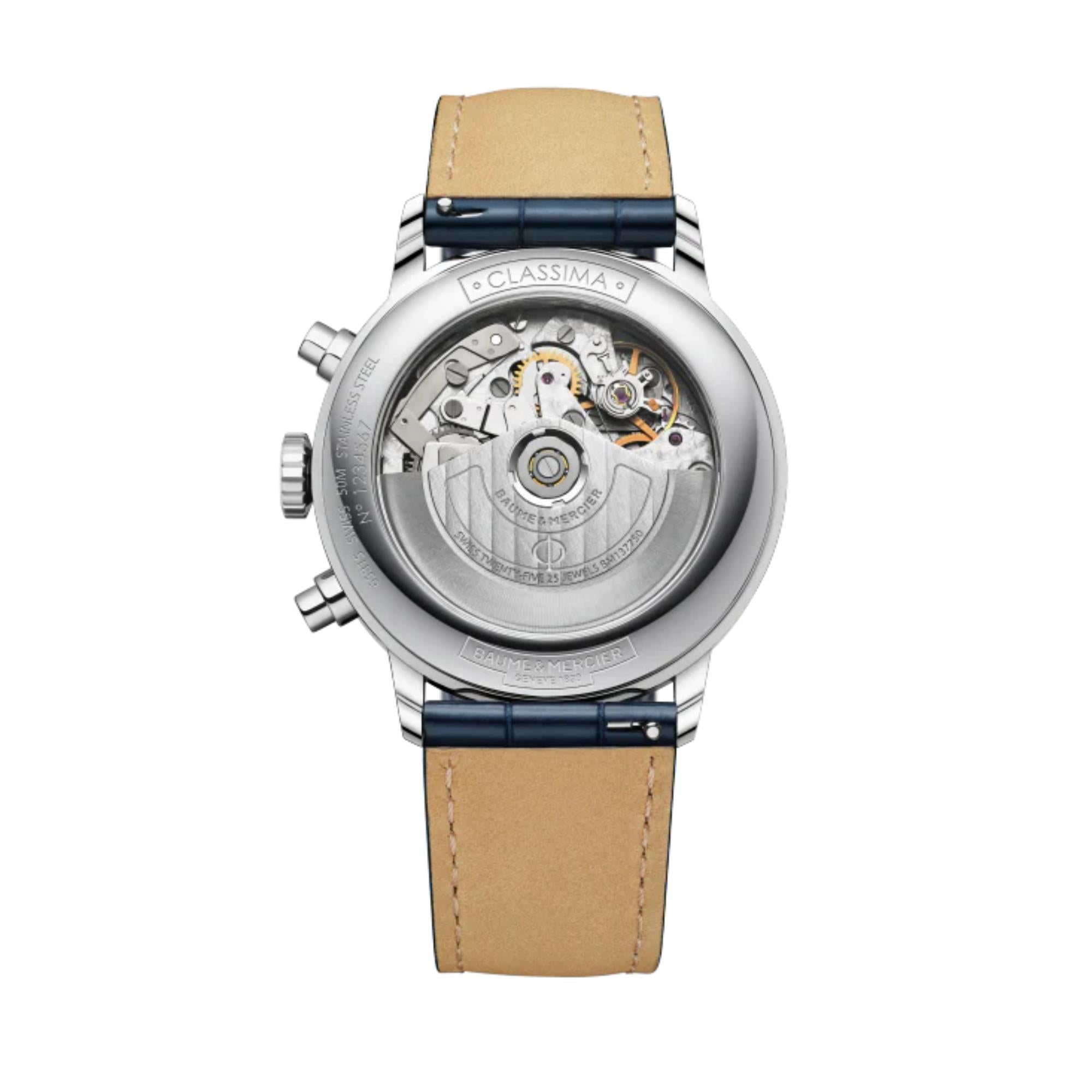 Baume & Mercier Classima Automatic Silver Chronograph Dial Blue Leather Strap Men’s Watch BM0A10330