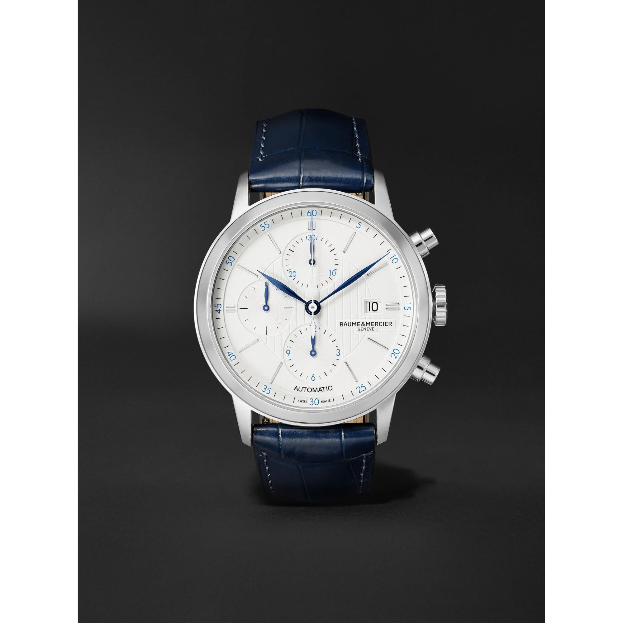 Baume & Mercier Classima Automatic Silver Chronograph Dial Blue Leather Strap Men’s Watch BM0A10330