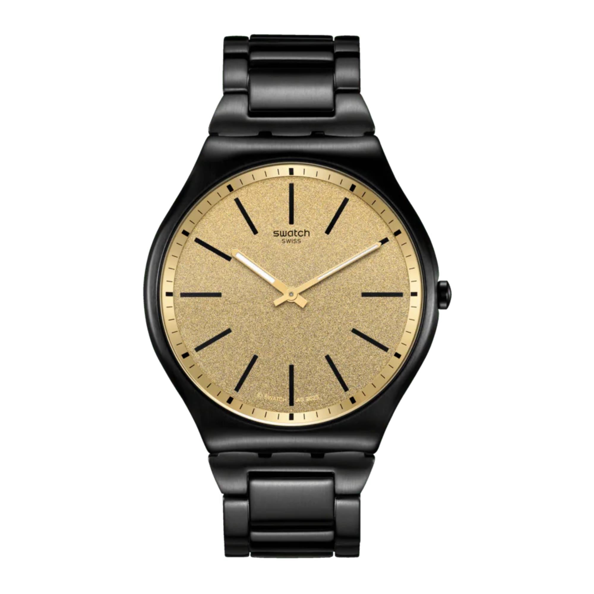 Swatch Holiday Collection Dashing Slate Quartz Gold Dial Black PVD Stainless Steel Case Unisex Watch SS07B109G
