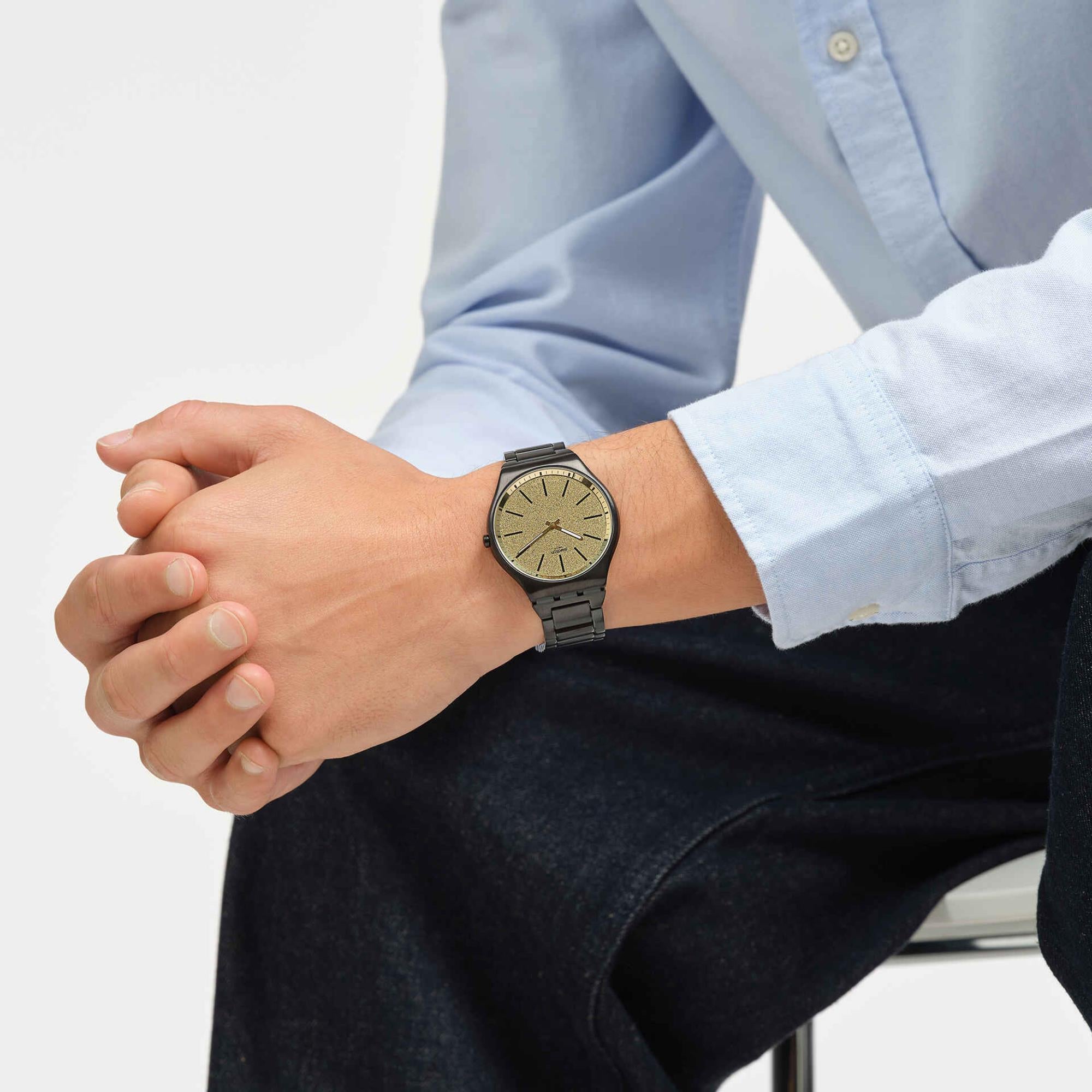 Swatch Holiday Collection Dashing Slate Quartz Gold Dial Black PVD Stainless Steel Case Unisex Watch SS07B109G