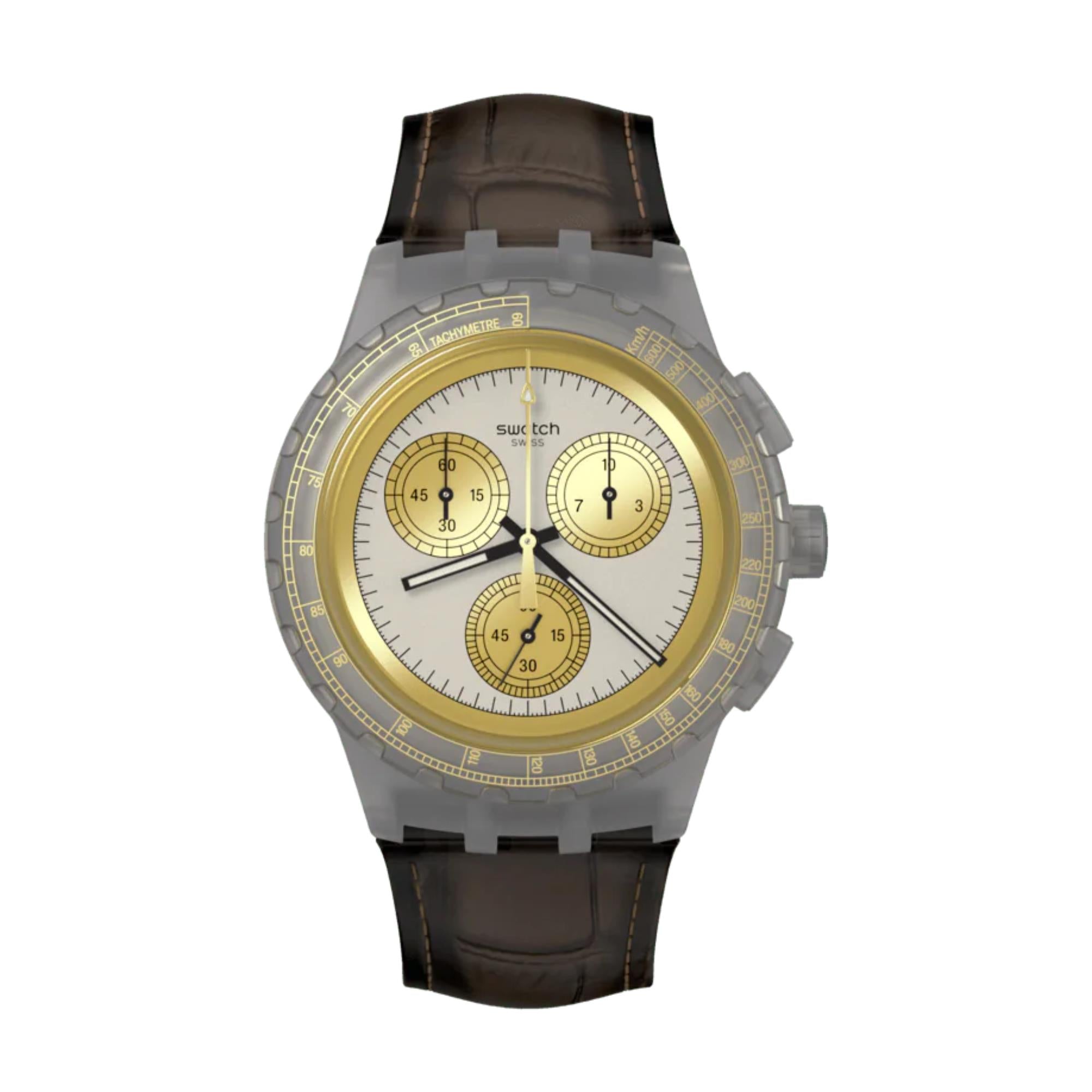Swatch Holiday Collection Golden Radiance NEON Quartz Grey Dial Brown Leather Strap Men's Watch SUSM100