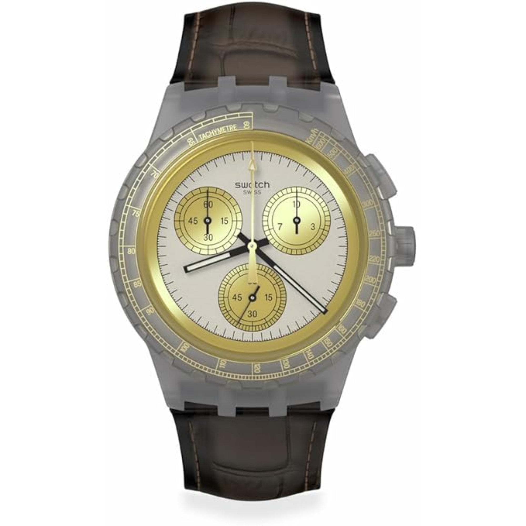Swatch Holiday Collection Golden Radiance NEON Quartz Grey Dial Brown Leather Strap Men's Watch SUSM100