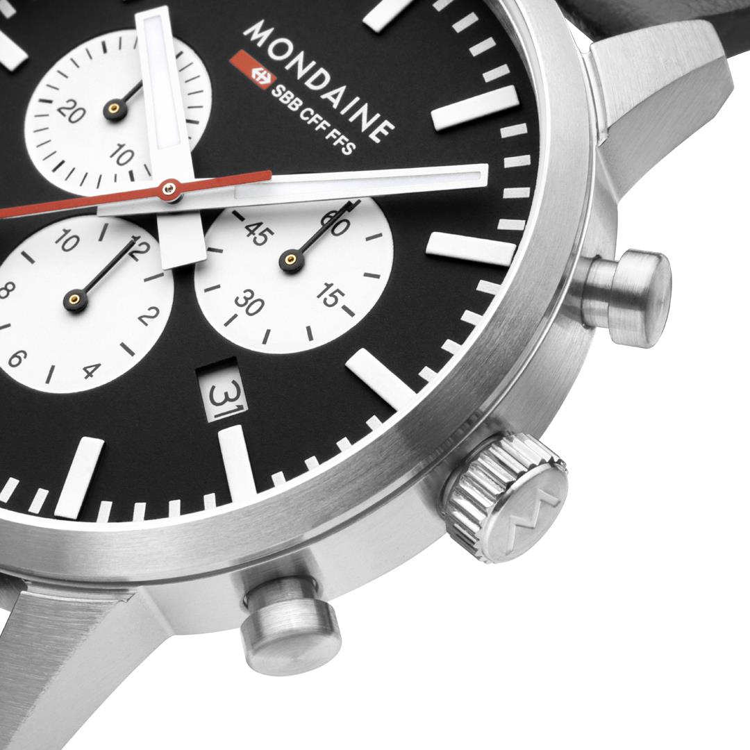 Mondaine Neo SBB Chrono Black Dial Grape Leather Strap Men's Watch MSD.41420.LBV