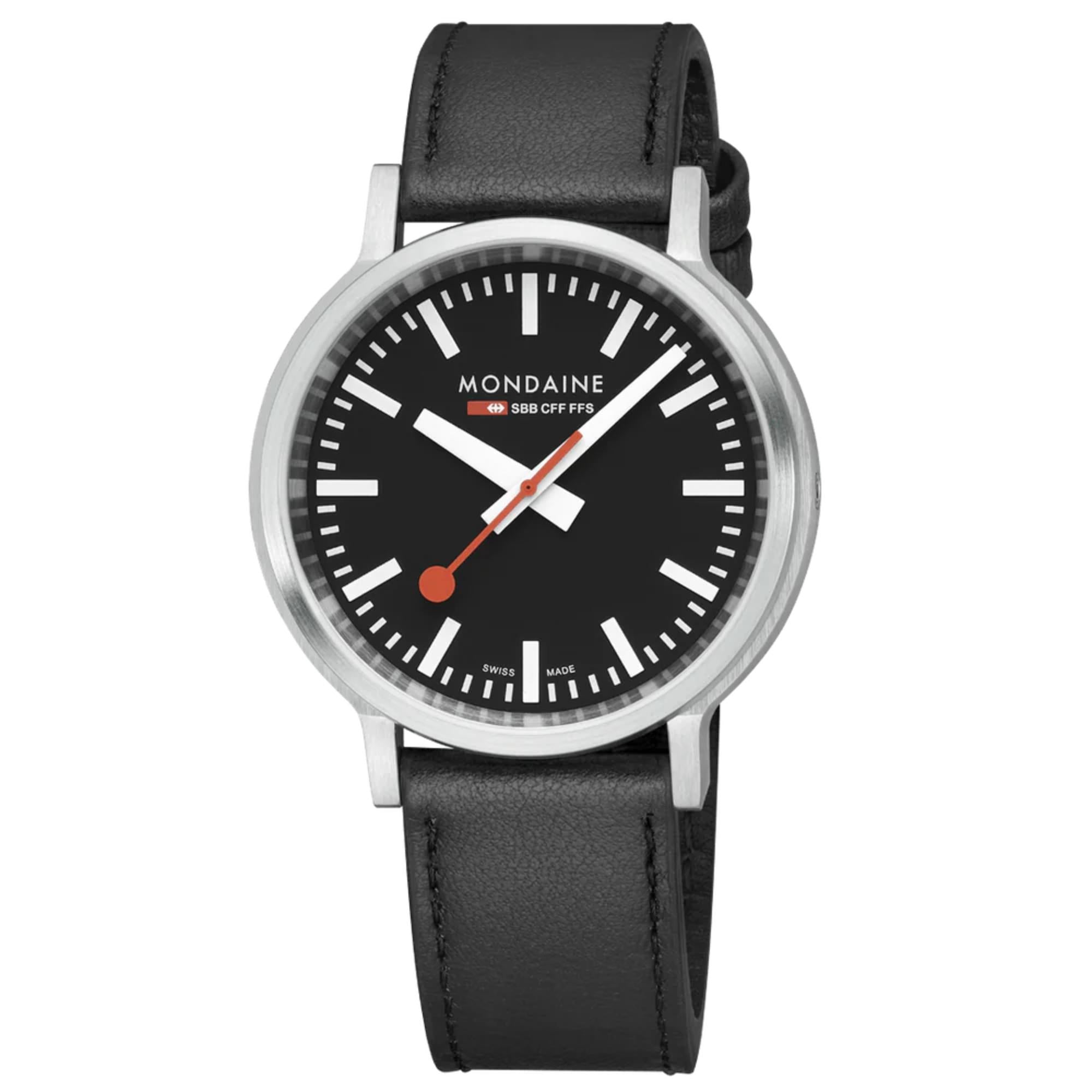 Mondaine stop2go Quartz Black Dial Black Vegan Grape Leather Strap Mens Watch MST.41020.LBV.2SE