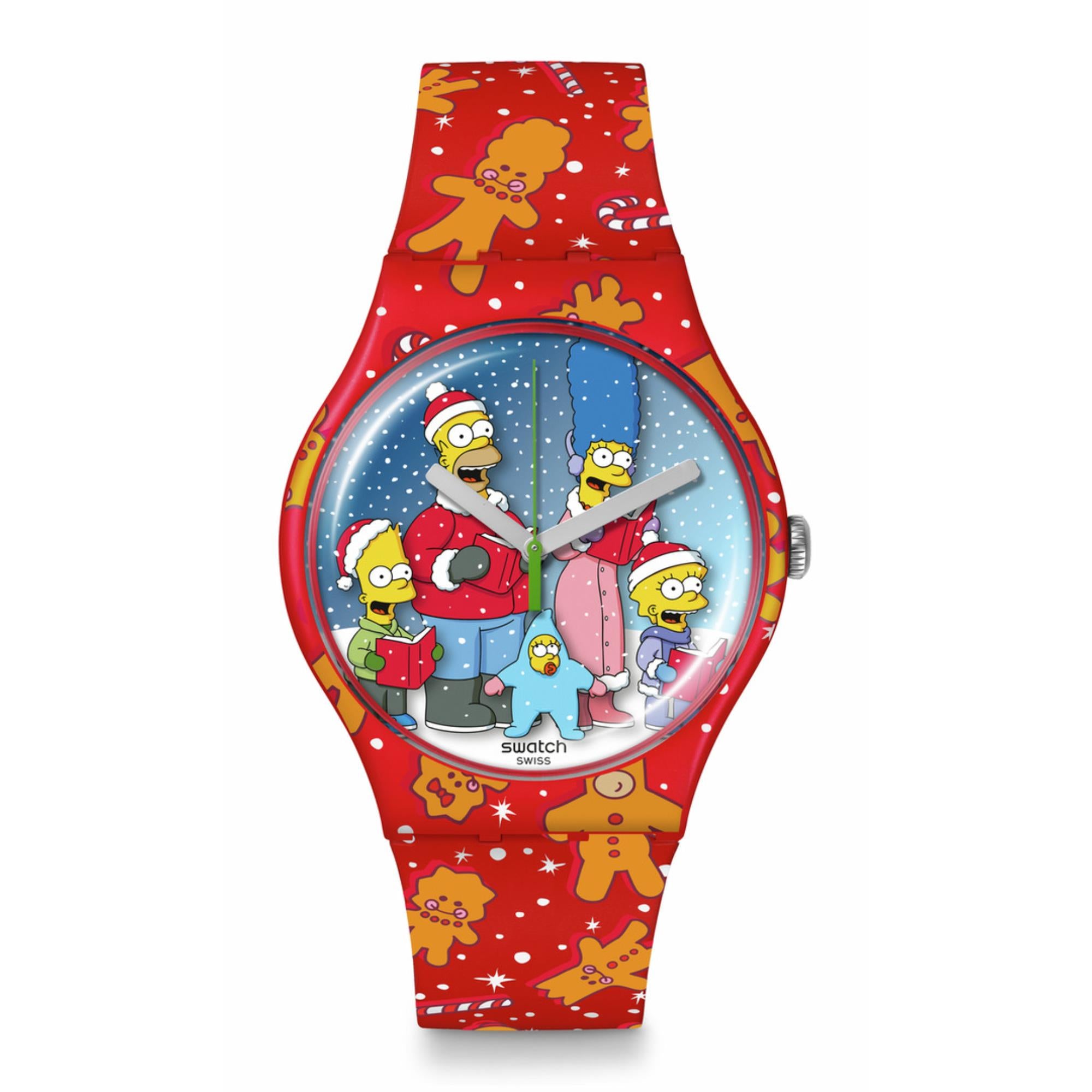Swatch The Simpsons Collection Wondrous Winter Wonderland Quartz Red Dial Red Silicone Strap Unisex Watch SUOZ361