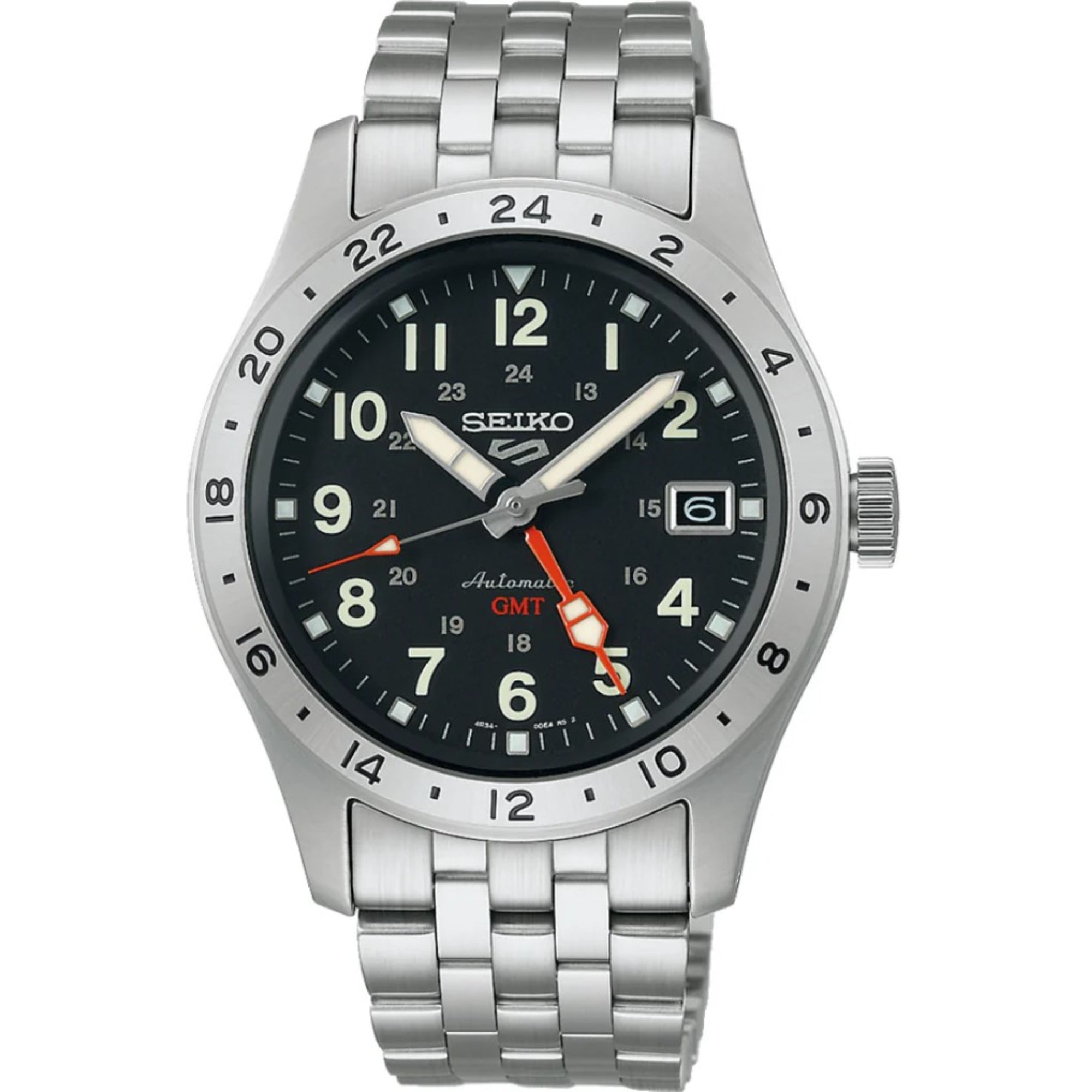 Seiko 5 Sports Field Deploy Mechanical GMT Automatic Black Dial Stainless Steel Bracelet Men's Watch SSK023K1