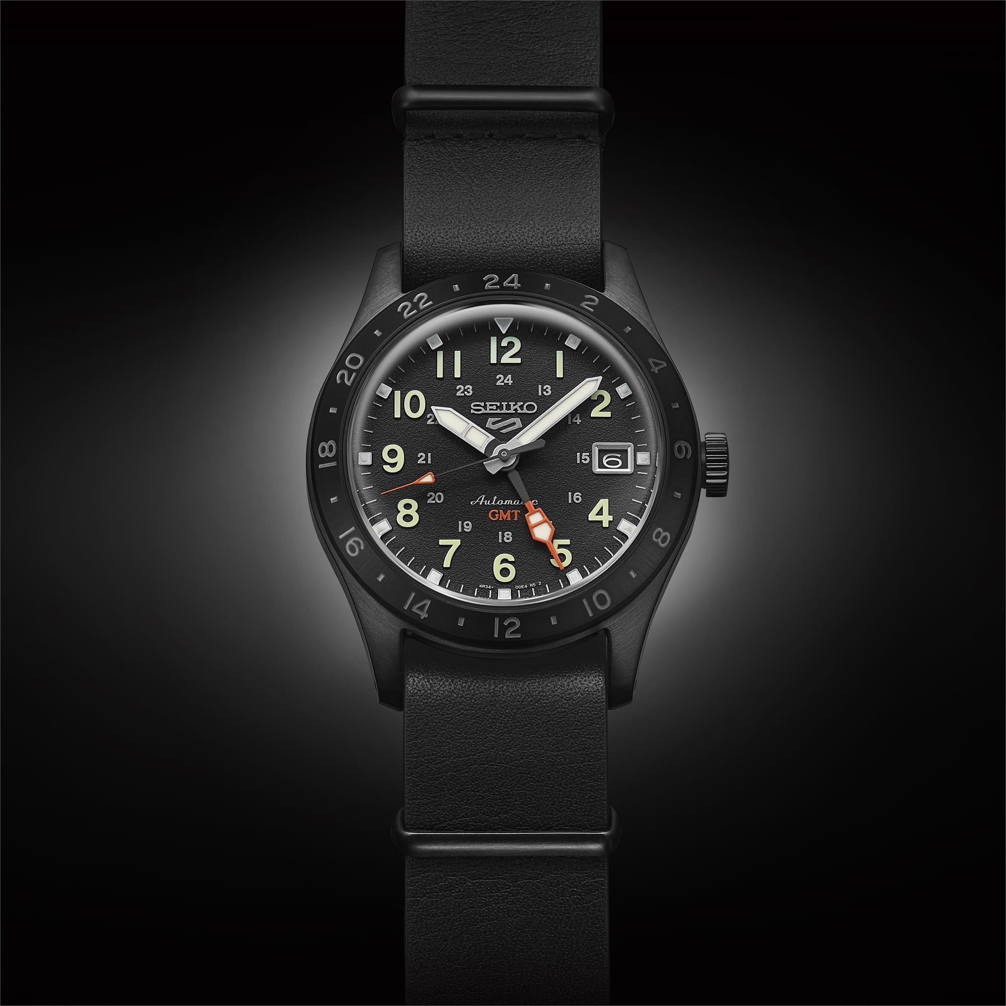 Seiko 5 Sports Field Deception Mechanical GMT Automatic Black Dial Black Leather Strap Bracelet Men's Watch SSK025K1