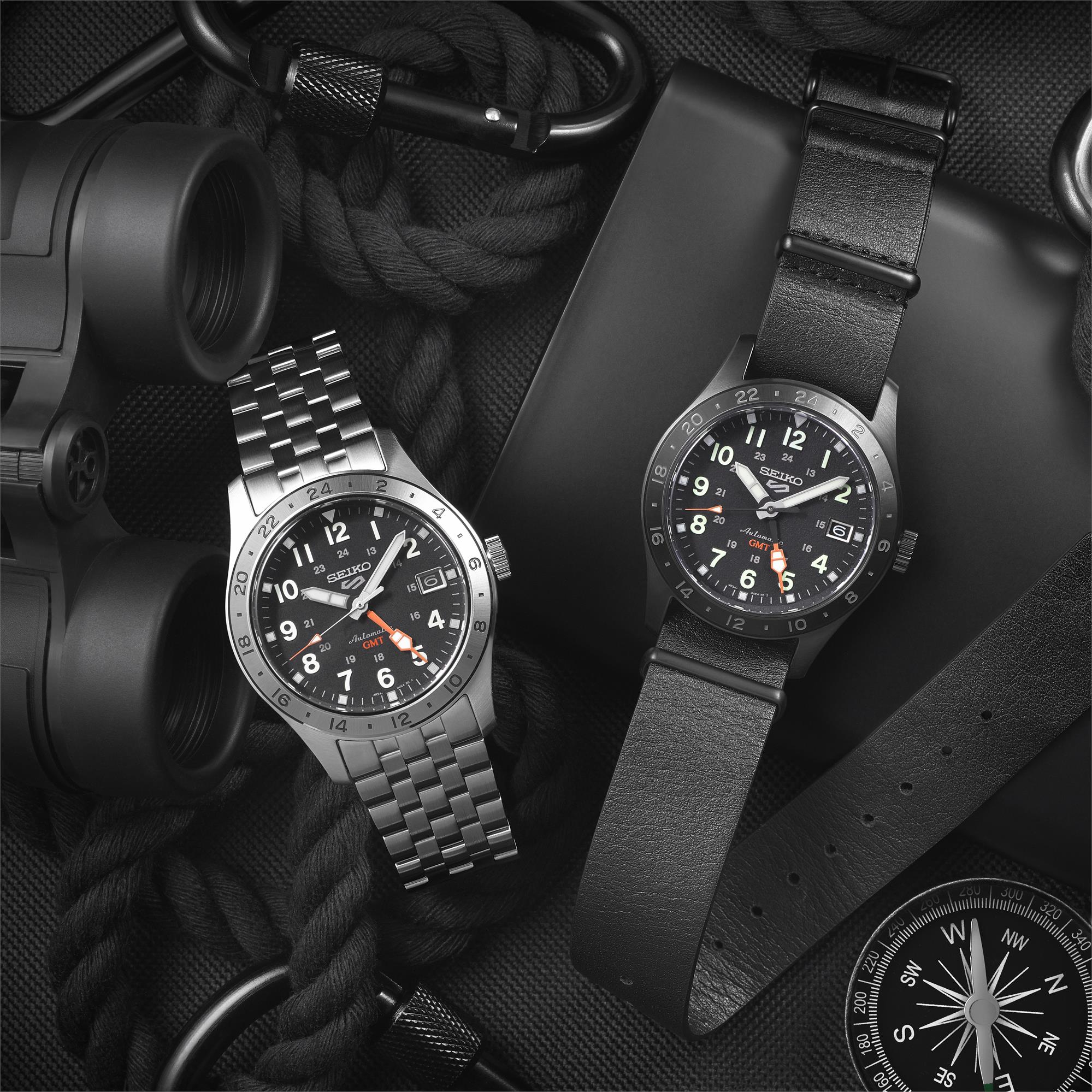 Seiko 5 Sports Field Deception Mechanical GMT Automatic Black Dial Black Leather Strap Bracelet Men's Watch SSK025K1