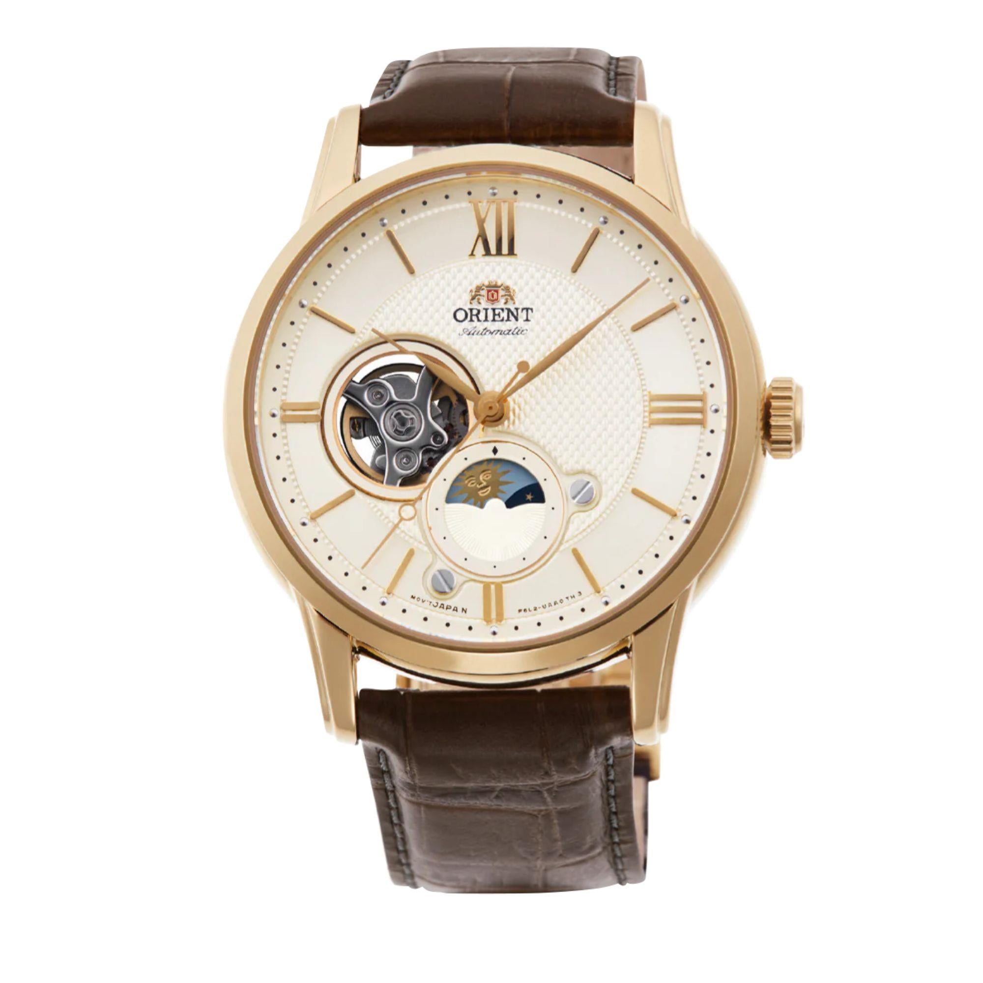 Orient Bambino Open Heart Sun & Moon Automatic White Dial Leather Strap Men’s Watch RA-AS0010S30B
