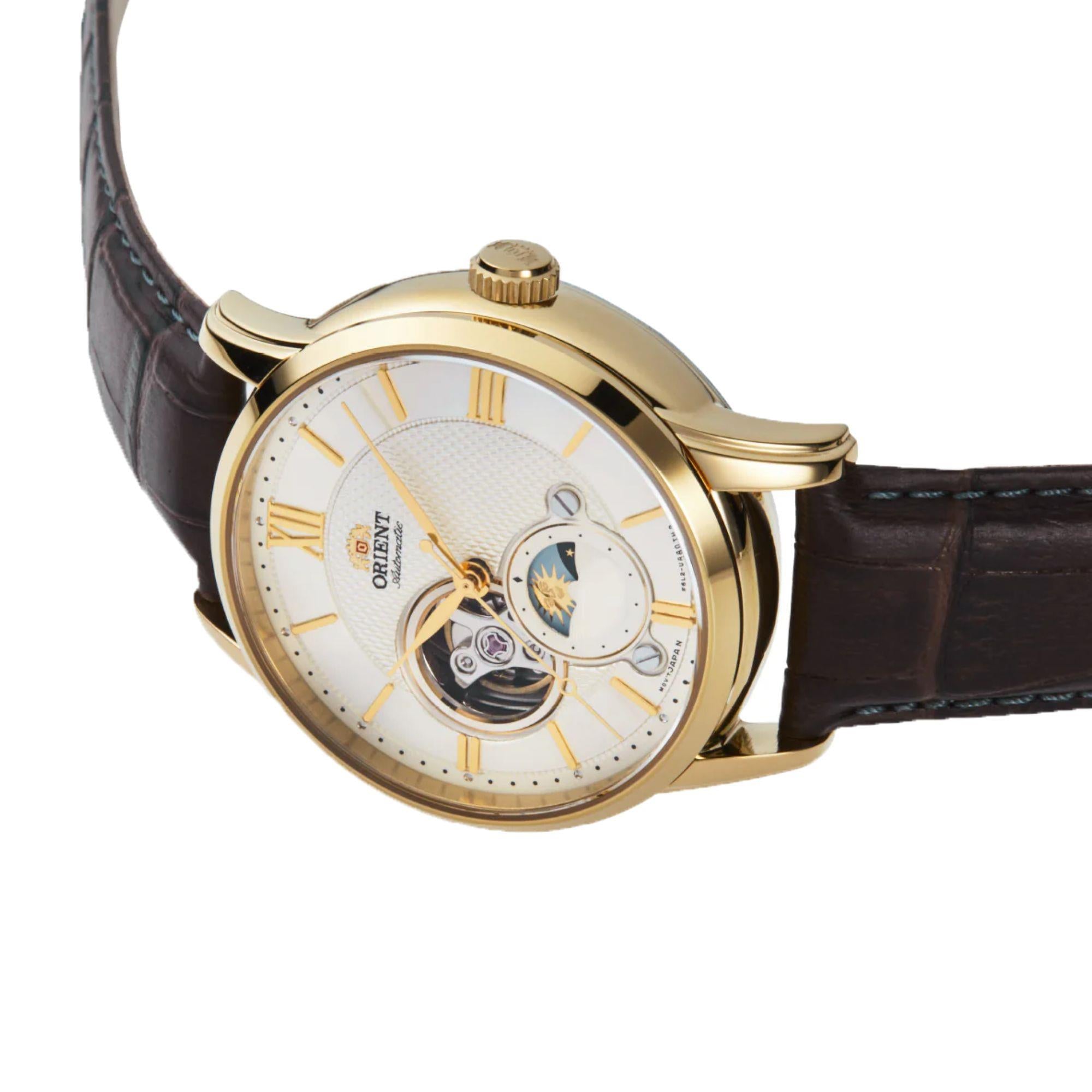 Orient Bambino Open Heart Sun & Moon Automatic White Dial Leather Strap Men’s Watch RA-AS0010S30B