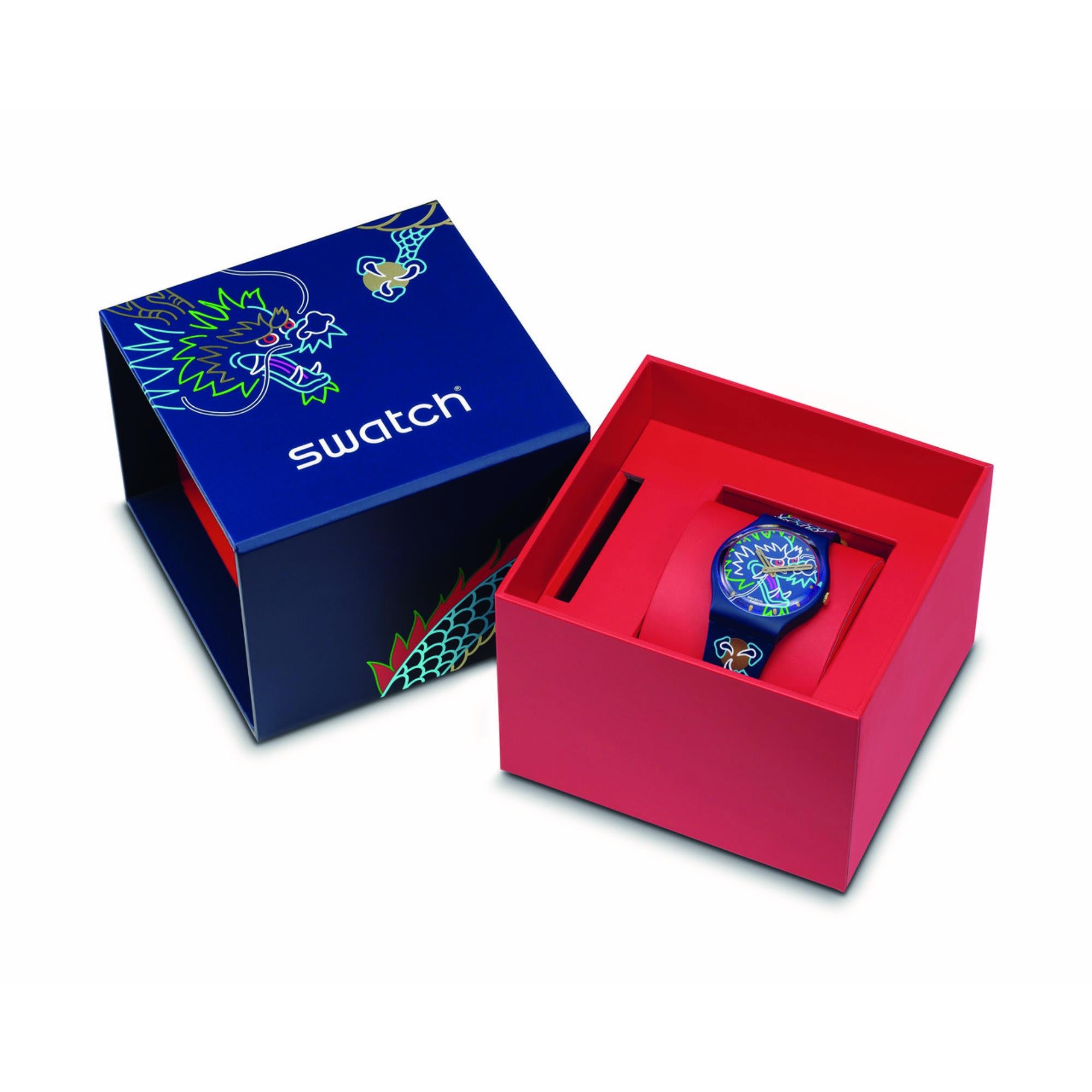 Swatch Dragon In Waves Quartz Blue Dial Silicone Strap Unisex Watch SO28Z125