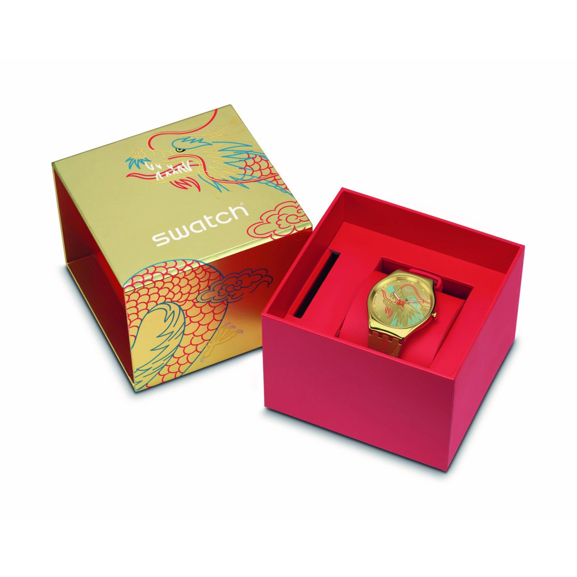 Swatch Dragon In Gold Quartz Gold Dial Gold Silicone Strap Unisex Watch SYXZ104