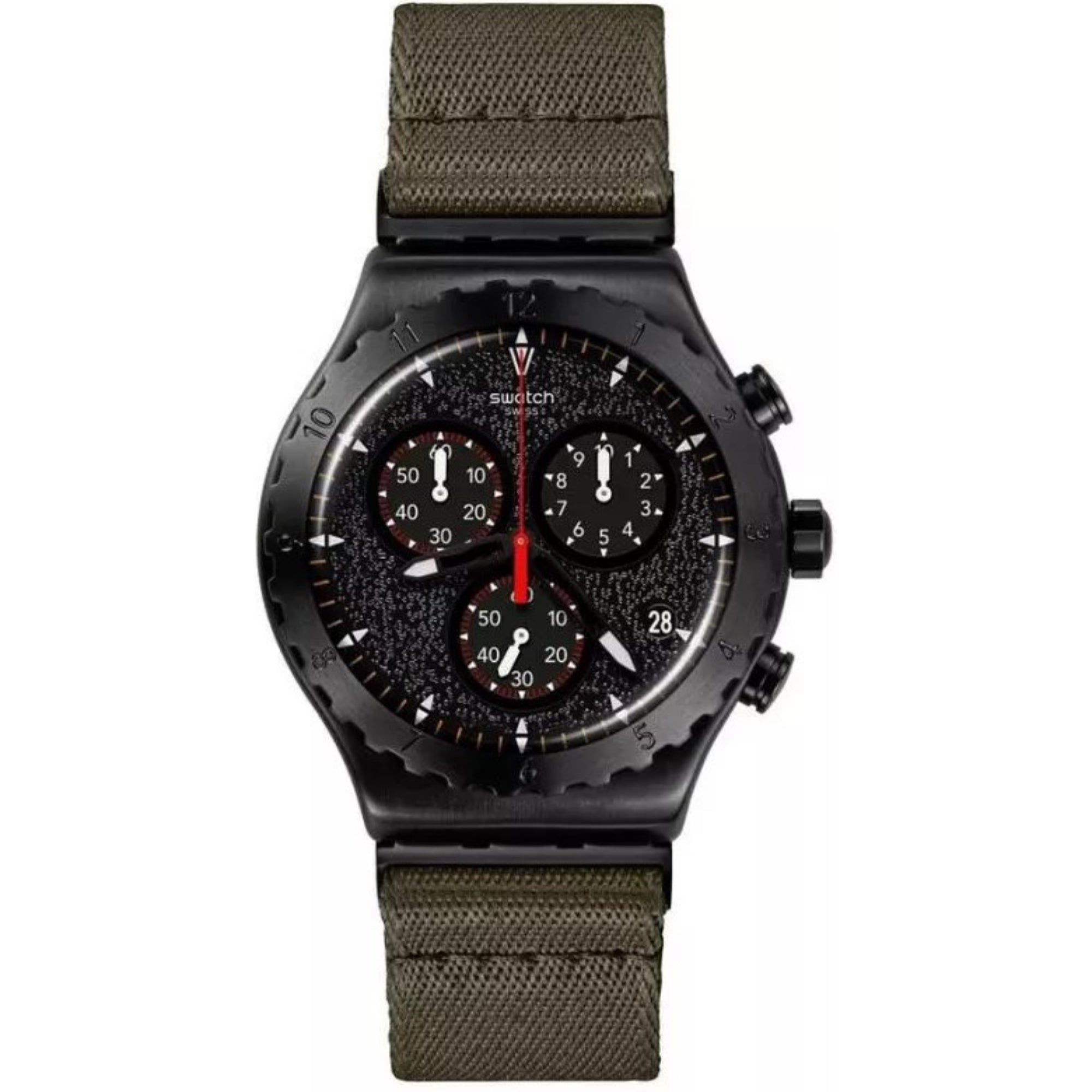 Swatch Powers Of Nature By The Bonfire Quartz Black Chronograph Dial Green Textile Strap Unisex Watch YVB416