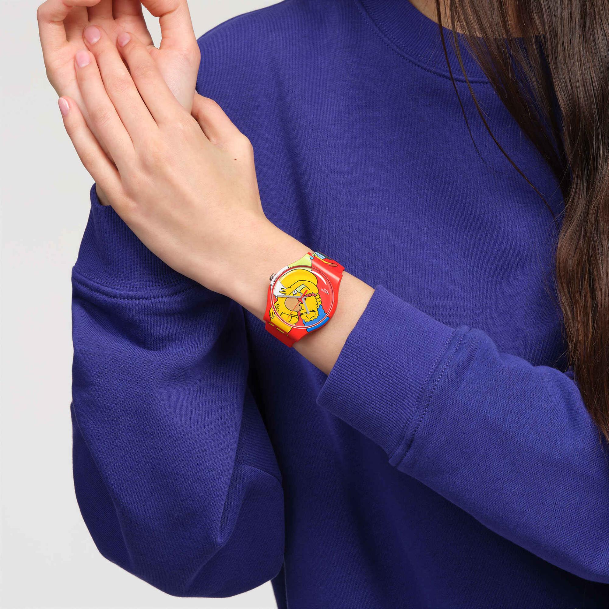 Swatch The Simpsons Collection Sweet Embrace Quartz Red Dial Silicone Strap Unisex Watch SO29Z120