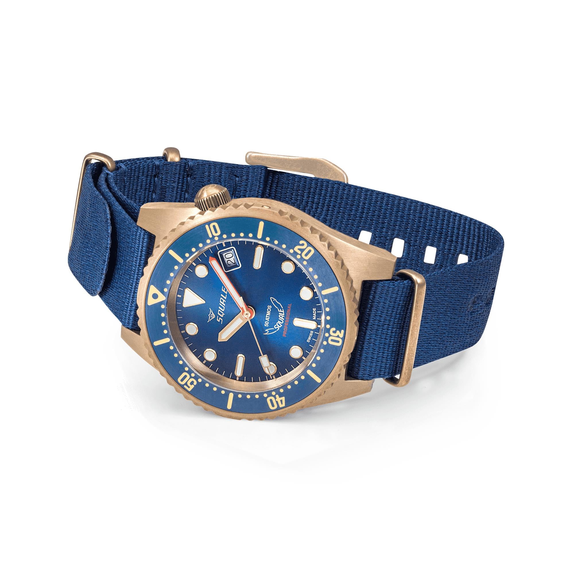 Squale 1521 Bronze Automatic Blue Dial Blue Fabric Strap Men's Watch 1521BRONBL.NB20