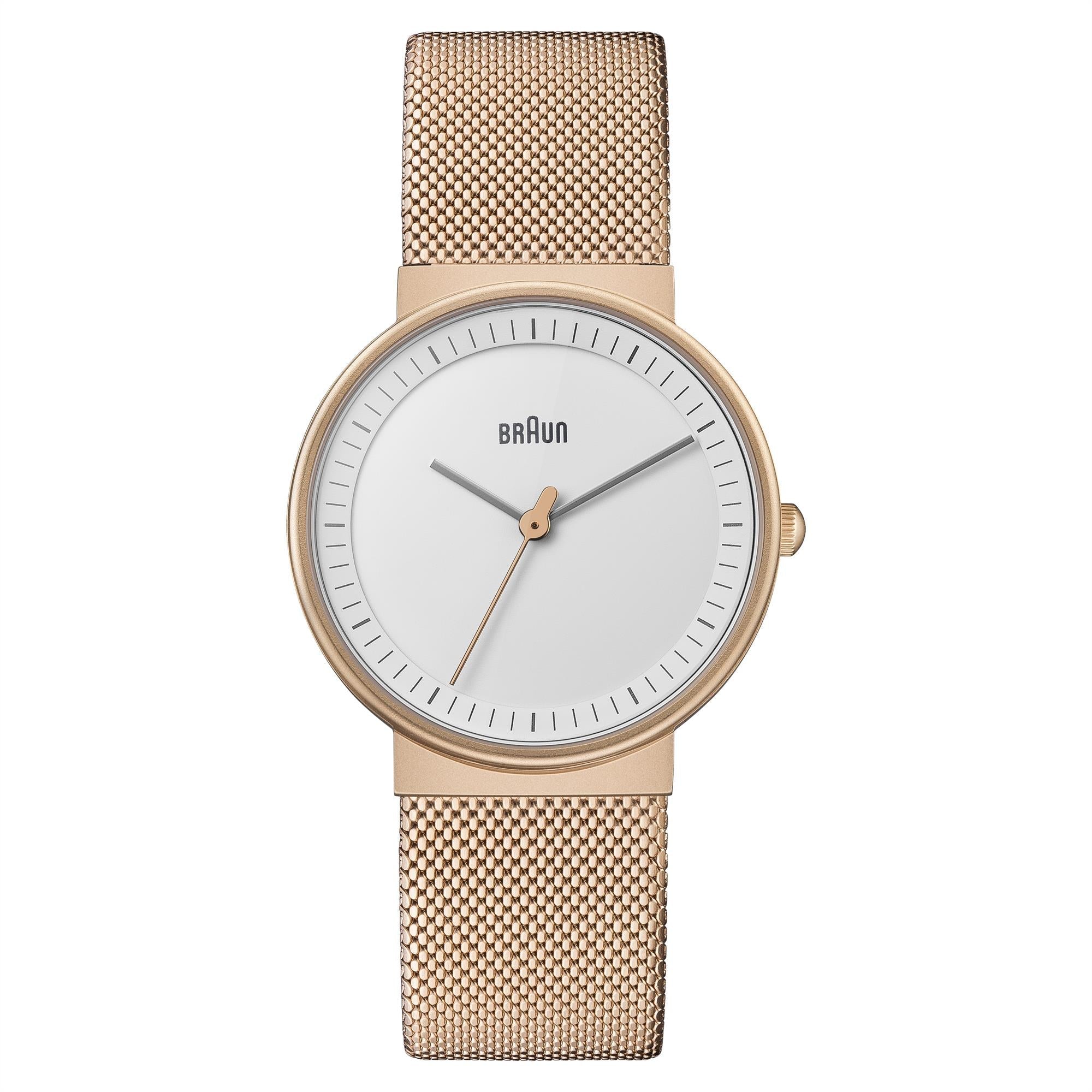 Braun Classic Quartz White Dial Rose Gold Mesh Strap Ladies Watch BN0031RGMHL