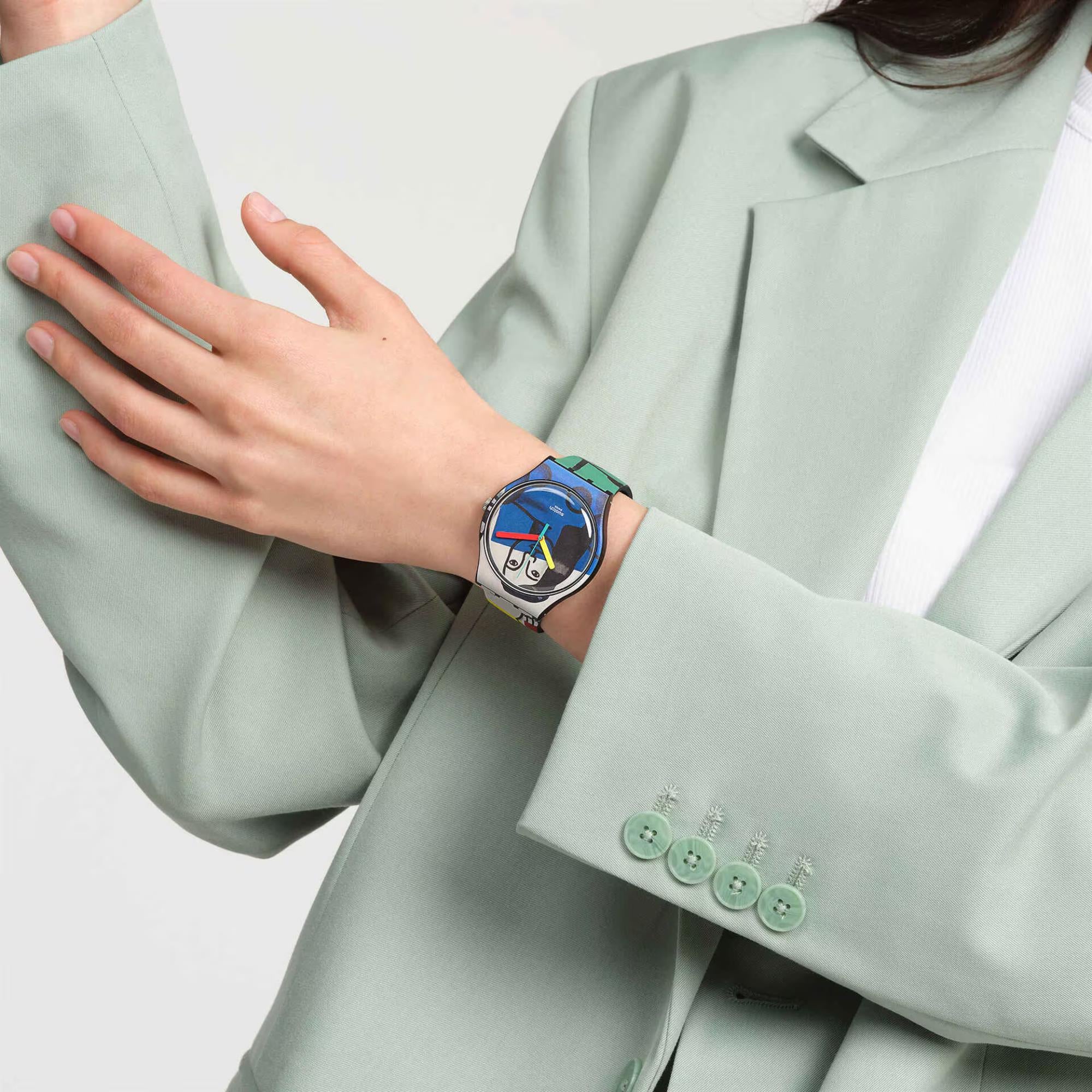 Swatch Leger's Two Women Holding Flowers Silicone Strap Unisex Watch SUOZ363C