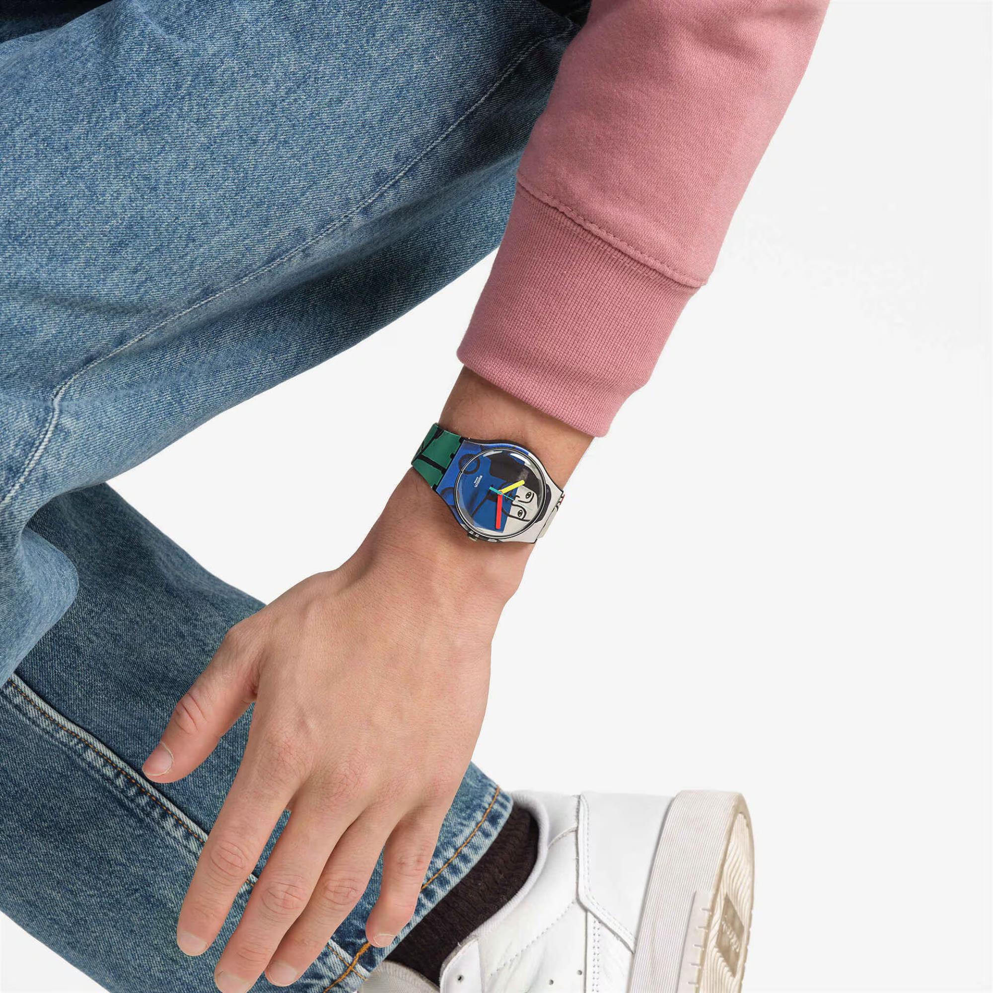 Swatch Leger's Two Women Holding Flowers Silicone Strap Unisex Watch SUOZ363C