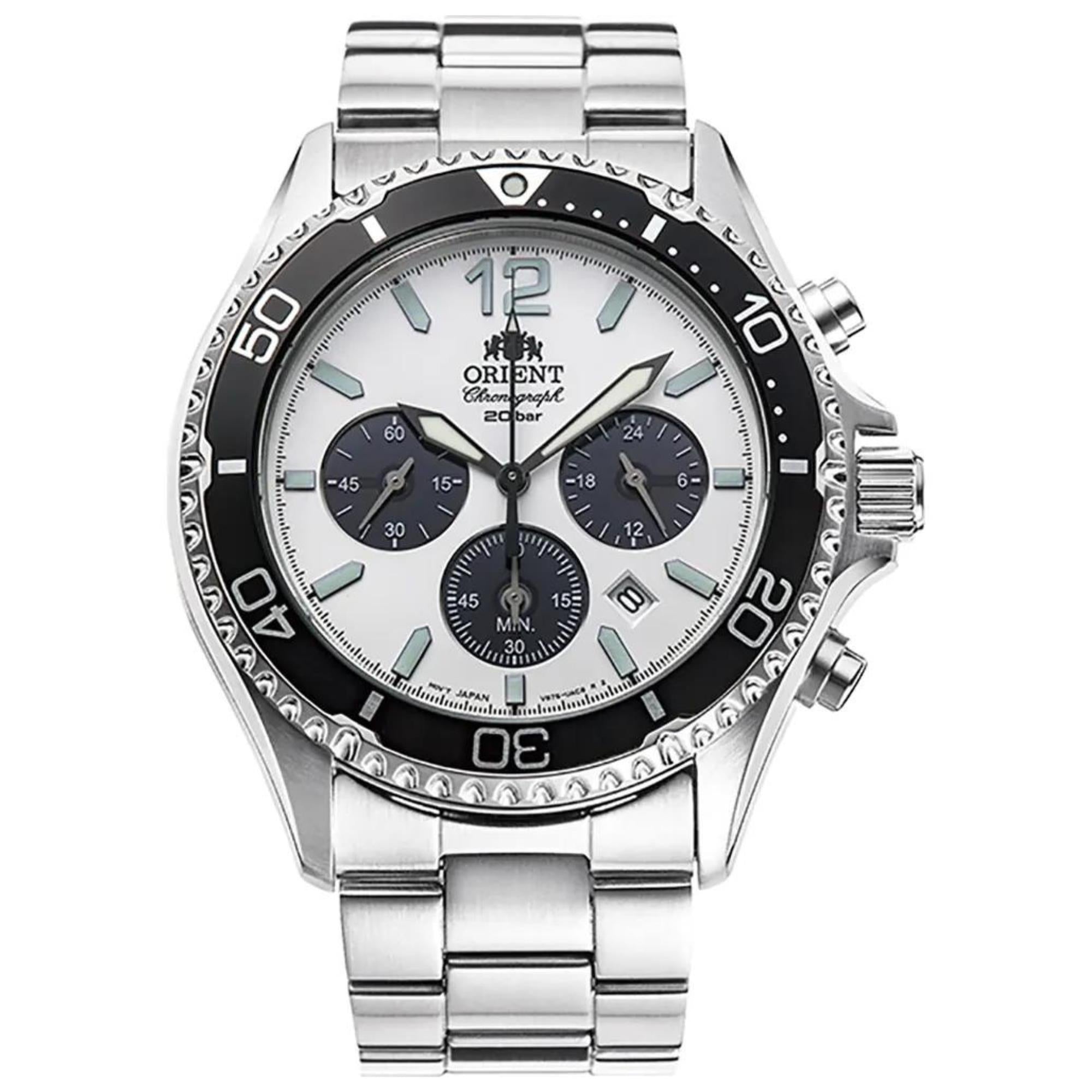 Orient Mako Solar Ex-Display Chronograph White Dial Stainless Steel Bracelet Men's Watch RA-TX0203S10B