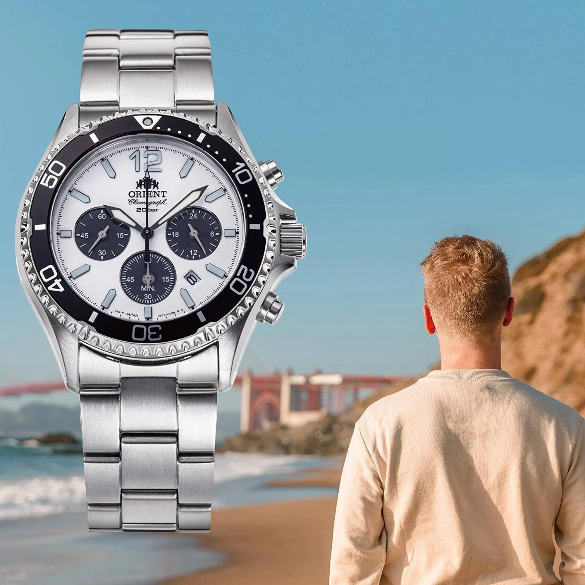 Orient Mako Solar Ex-Display Chronograph White Dial Stainless Steel Bracelet Men's Watch RA-TX0203S10B