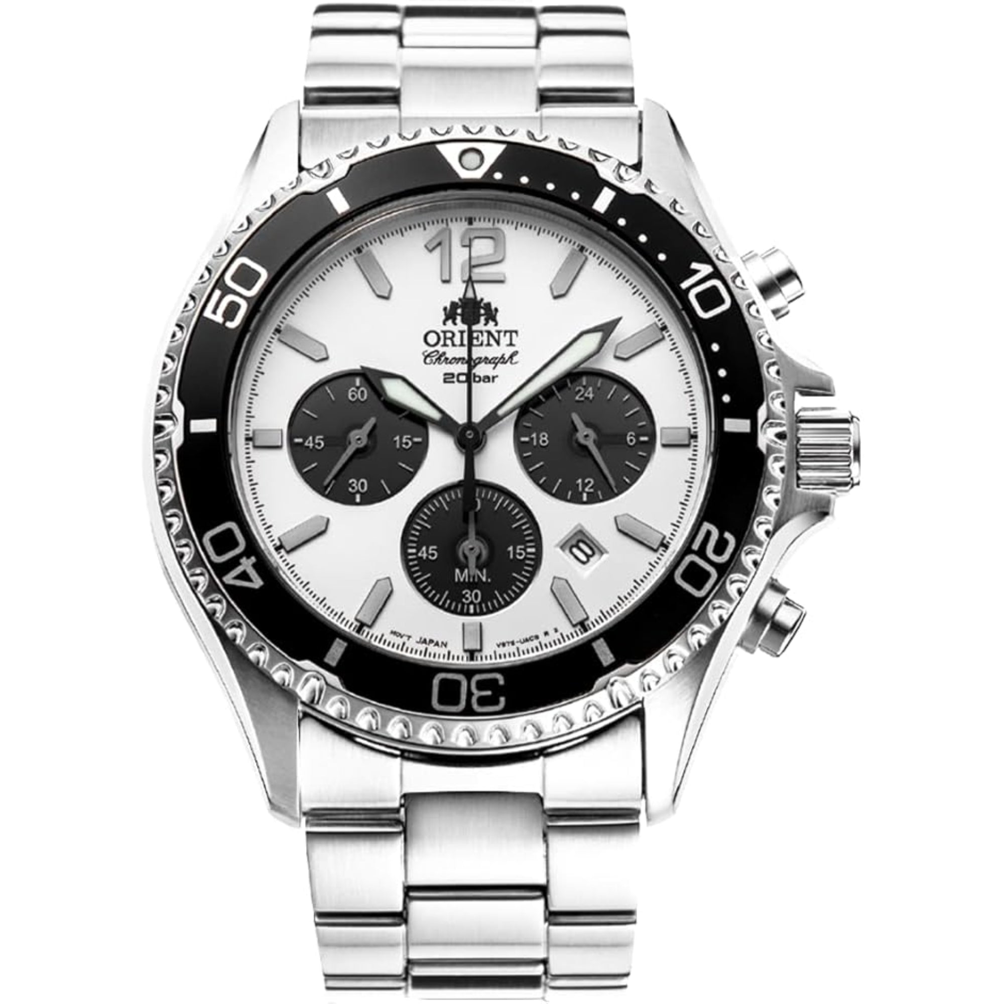 Orient Mako Solar Ex-Display Chronograph White Dial Stainless Steel Bracelet Men's Watch RA-TX0203S10B