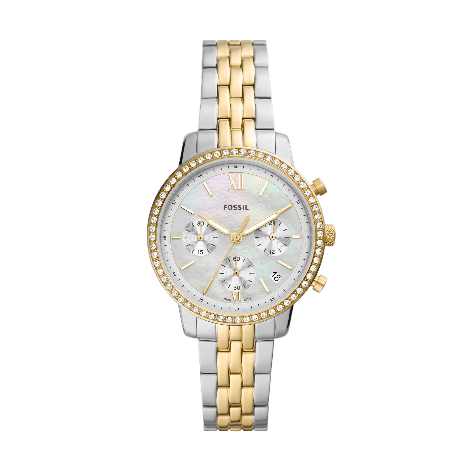 Fossil Neutra Chronograph Two-Tone Stainless Steel Bracelet White Mother of Pearl Dial Women's Watch ES5216