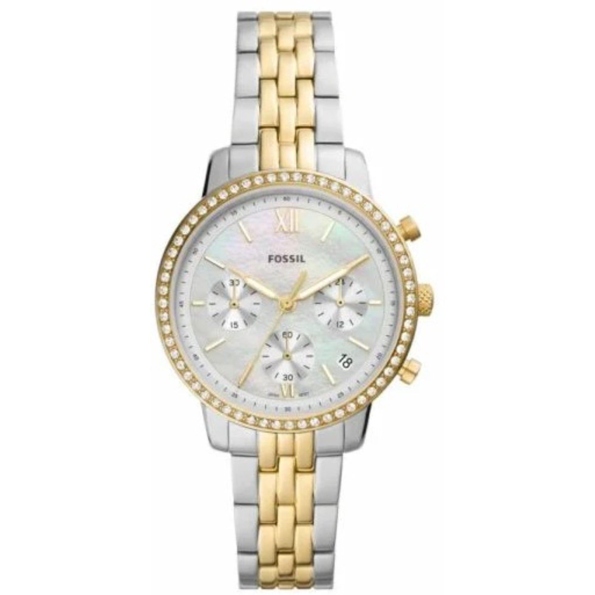 Fossil Neutra Chronograph Two-Tone Stainless Steel Bracelet White Mother of Pearl Dial Women's Watch ES5216
