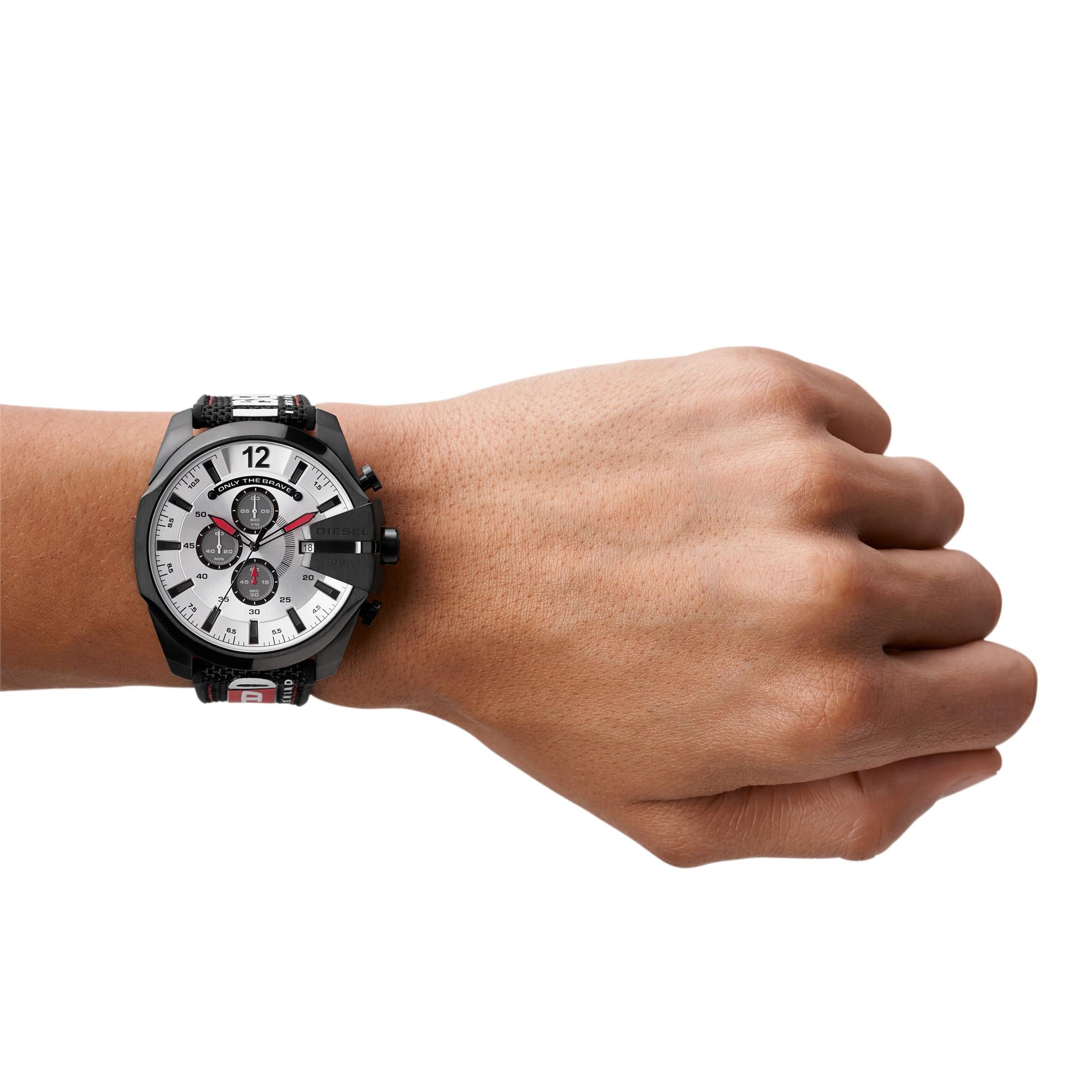 Diesel Mega Chief Chronograph Black Nylon Strap Silver Dial Men's Watch DZ4512