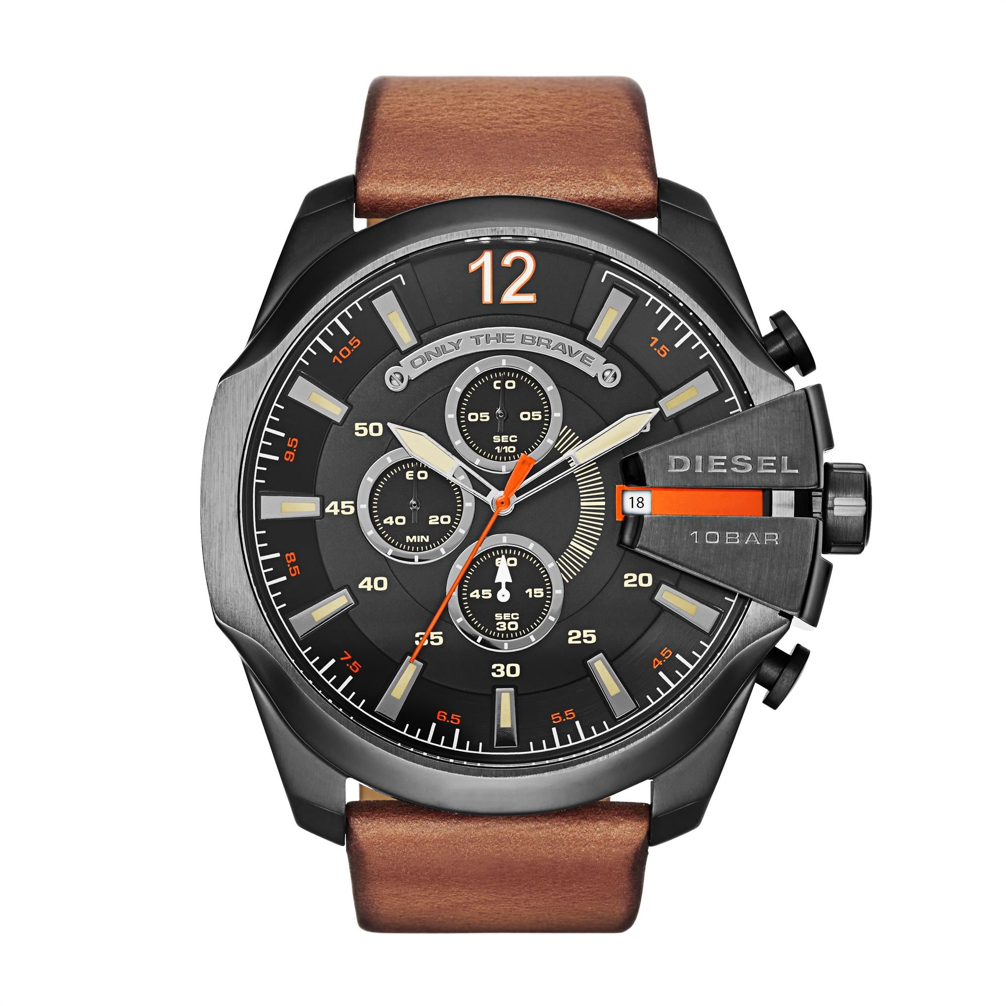 Diesel Mega Chief Chronograph Brown Leather Strap Black Dial Men's Watch DZ4343