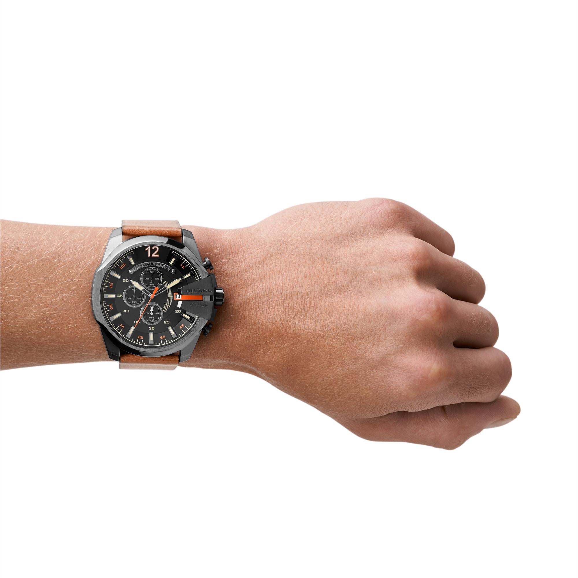 Diesel Mega Chief Chronograph Brown Leather Strap Black Dial Men's Watch DZ4343