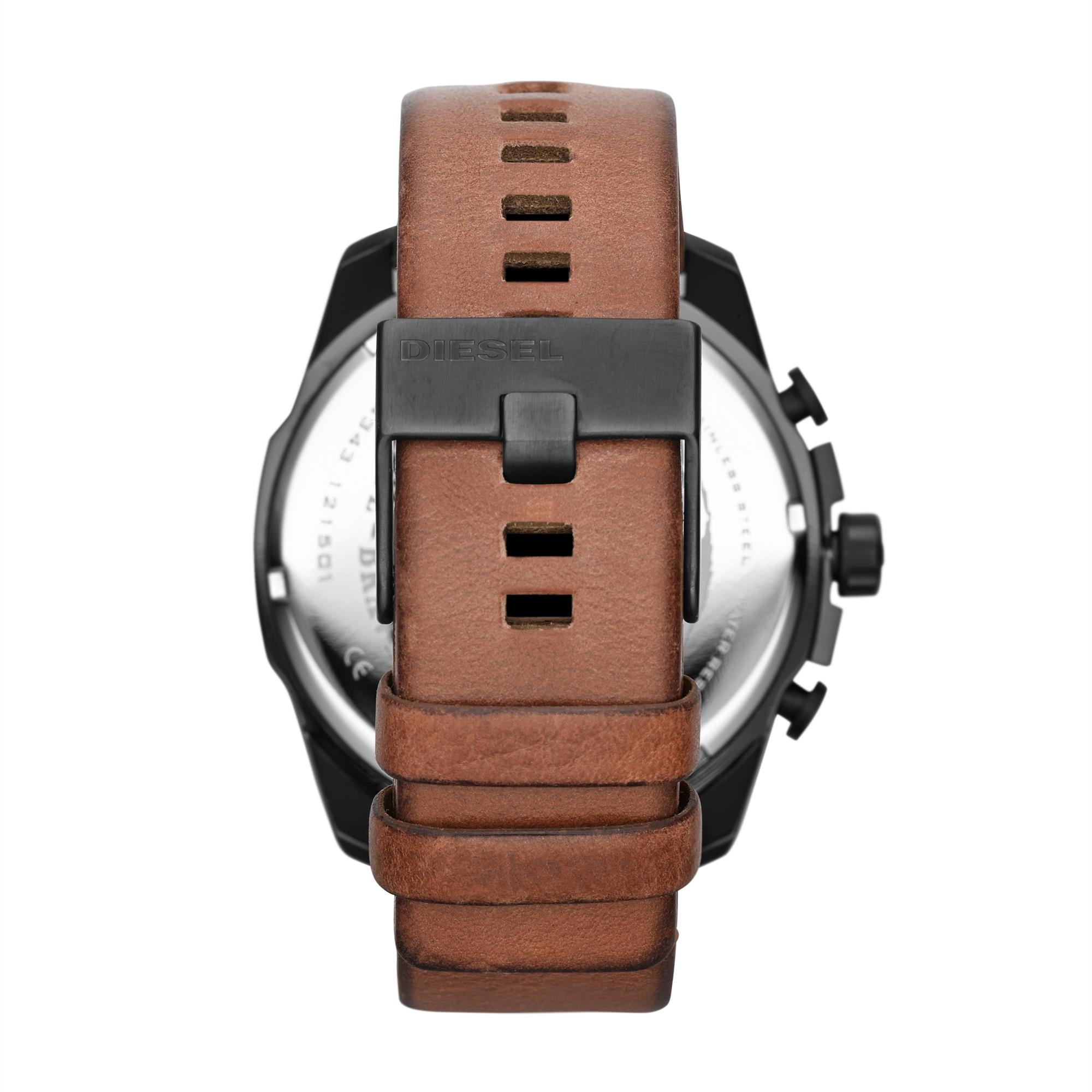 Diesel Mega Chief Chronograph Brown Leather Strap Black Dial Men's Watch DZ4343
