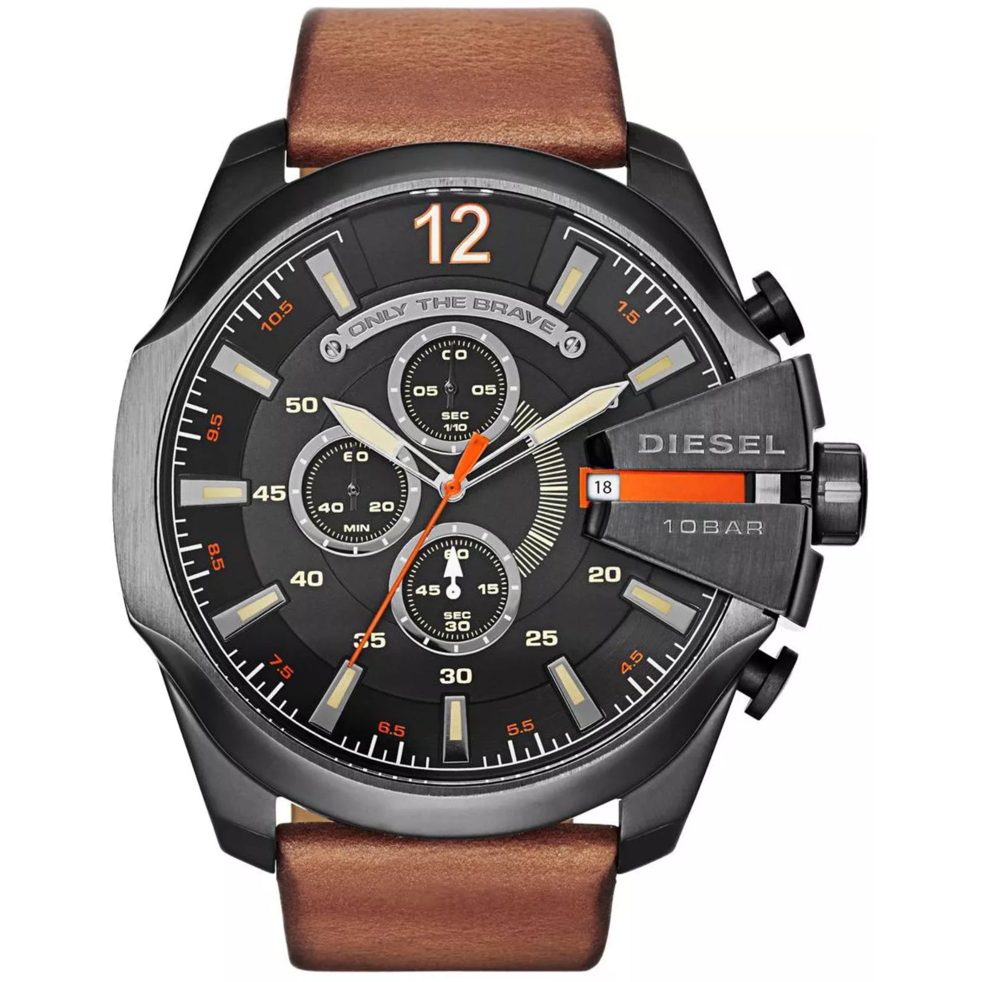 Diesel Mega Chief Chronograph Brown Leather Strap Black Dial Men's Watch DZ4343