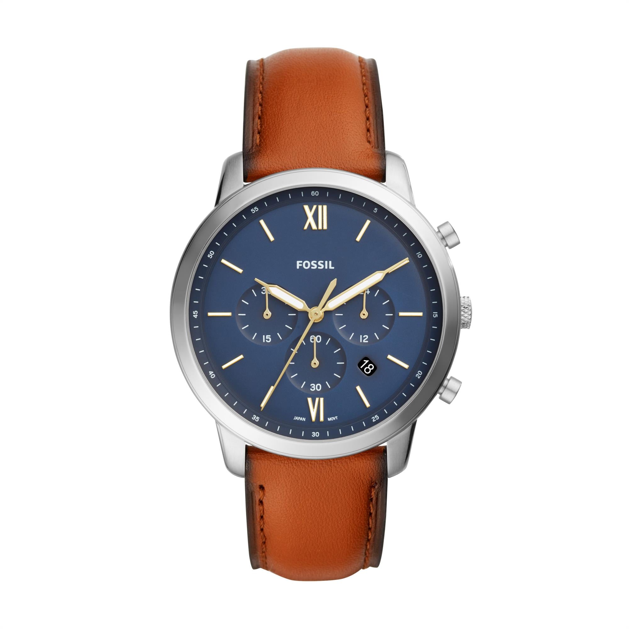Fossil Neutra Chrono Stainless Steel Brown Leather Strap Blue Dial Men's Watch FS5453