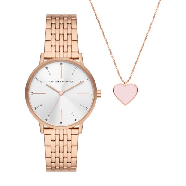 Armani Exchange Quartz White Silver Dial Steel Strap Women's Watch and Necklace Set AX7145SET