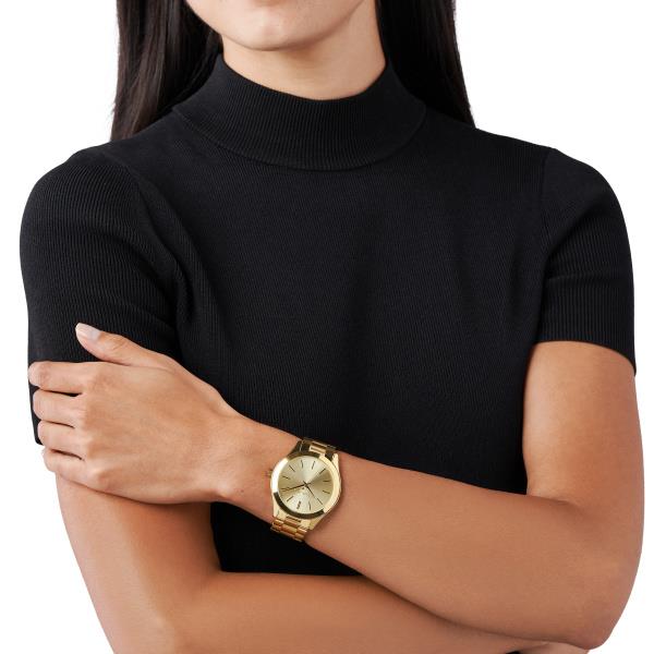 Michael Kors Slim Runway Gold Dial Stainless Steel Strap Ladies Watch MK3179