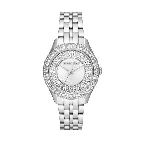 Michael Kors Harlowe Crystal-Embellished Silver-Tone Stainless Steel White Dial Ladies Watch MK4708