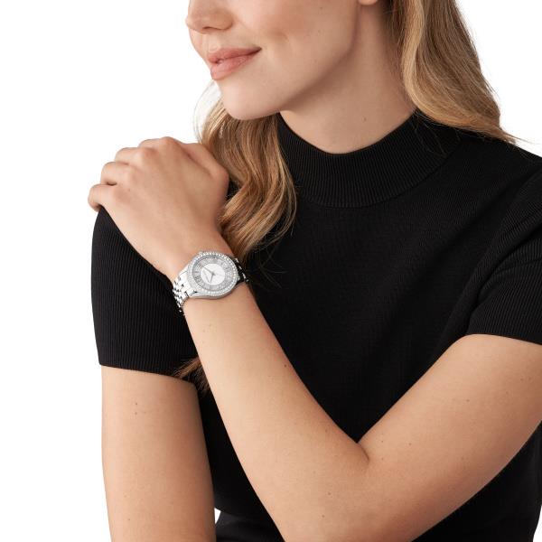 Michael Kors Harlowe Crystal-Embellished Silver-Tone Stainless Steel White Dial Ladies Watch MK4708